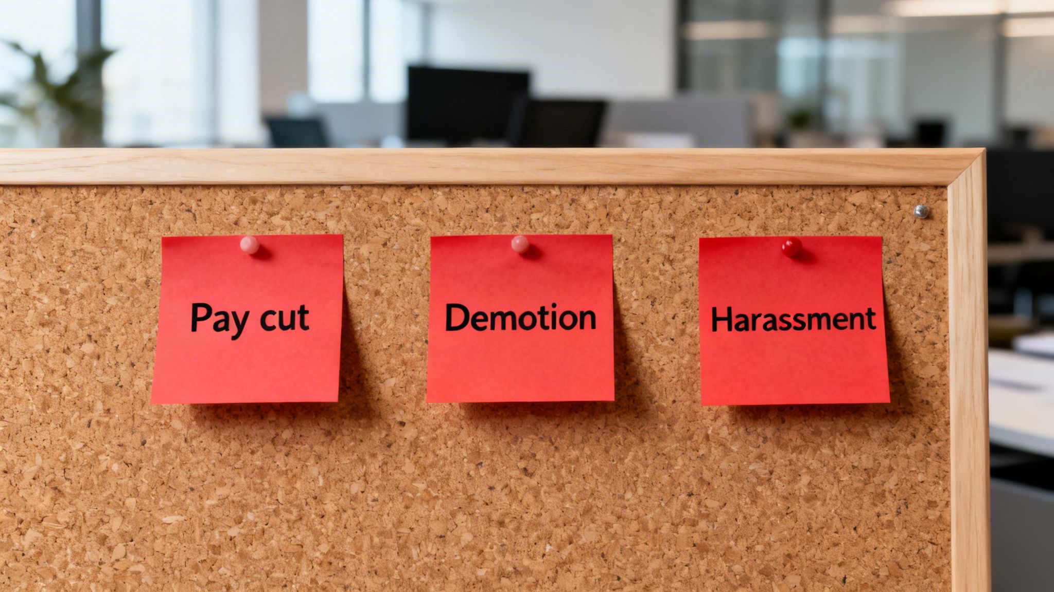 Three red sticky notes on a cork board displaying 'Pay cut', 'Demotion', and 'Harassment' in an office.