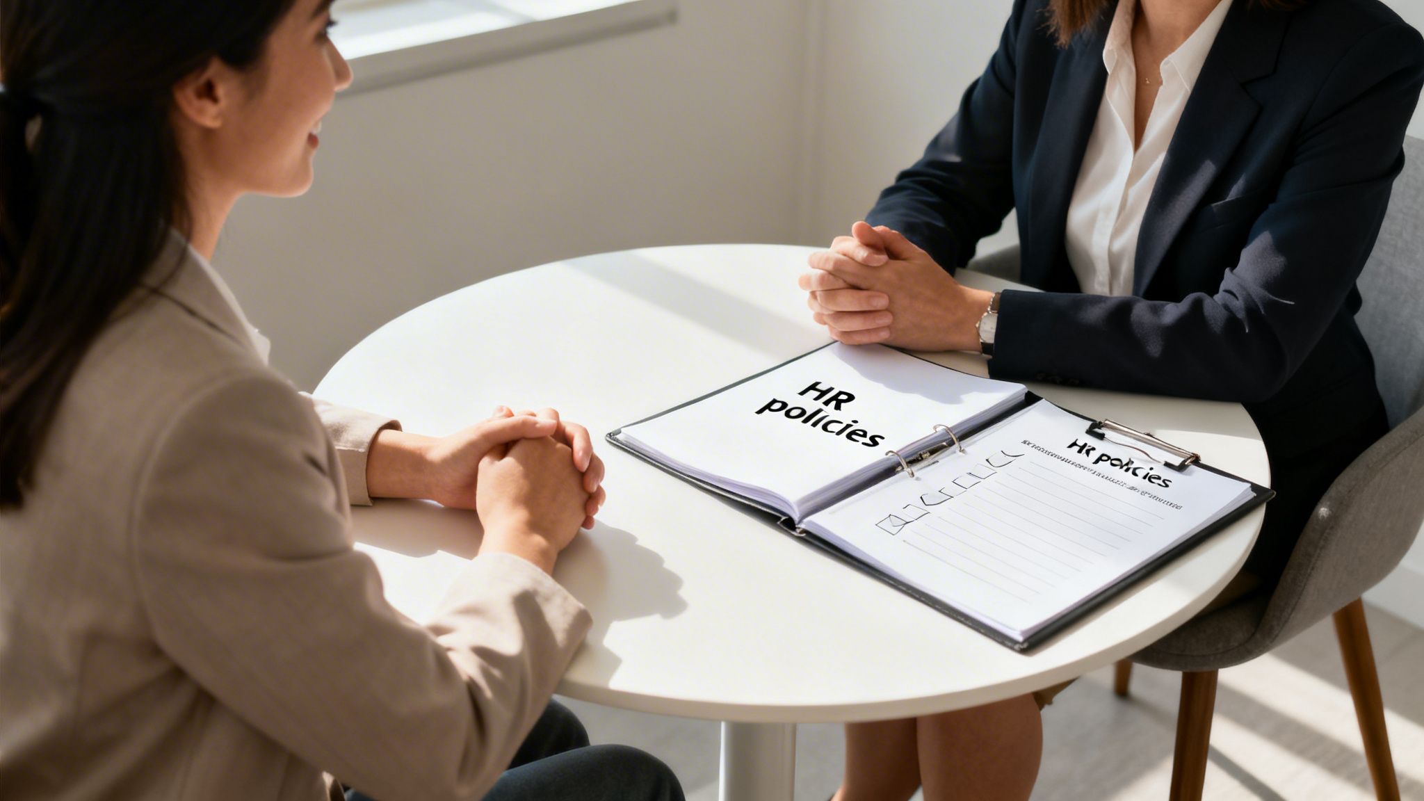 Two business professionals discussing HR policies and checklists at a white table in an office.