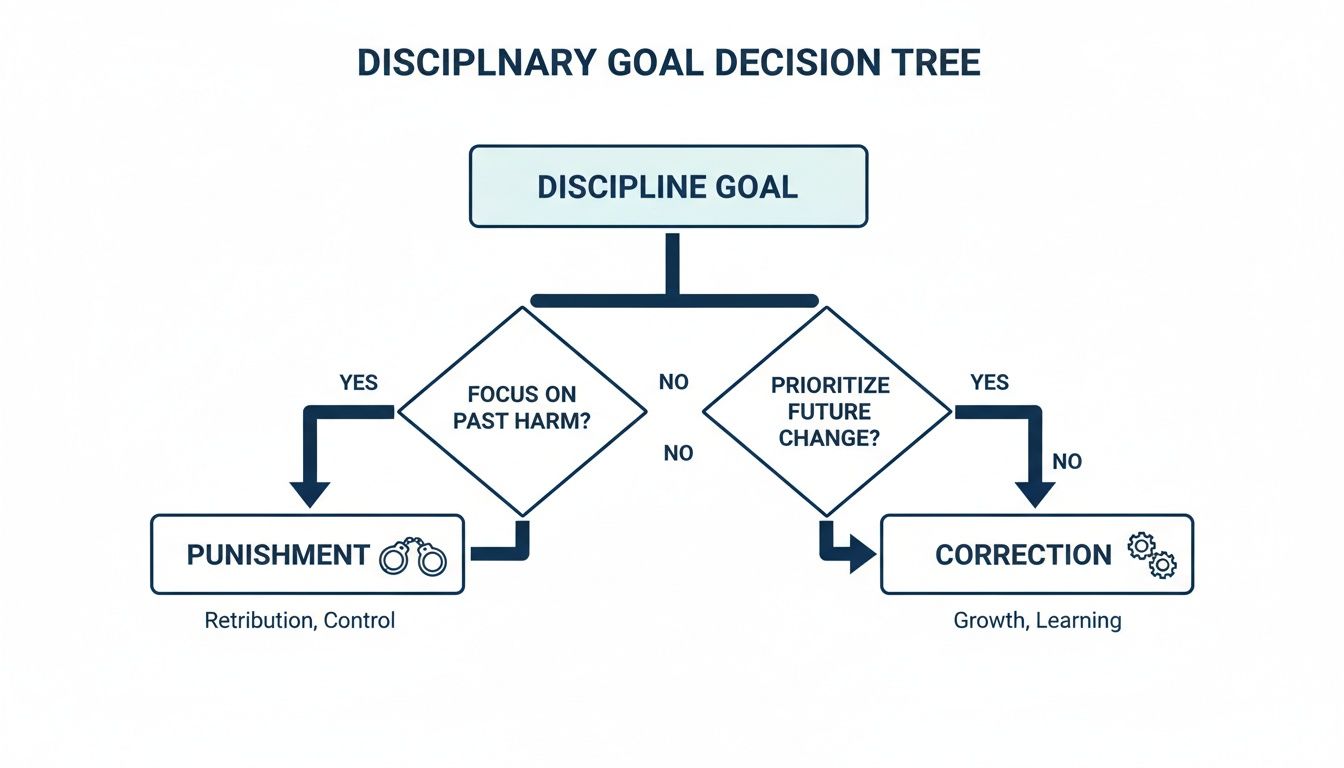Disciplinary Goal Decision Tree showing paths to punishment (past harm) or correction (future change).