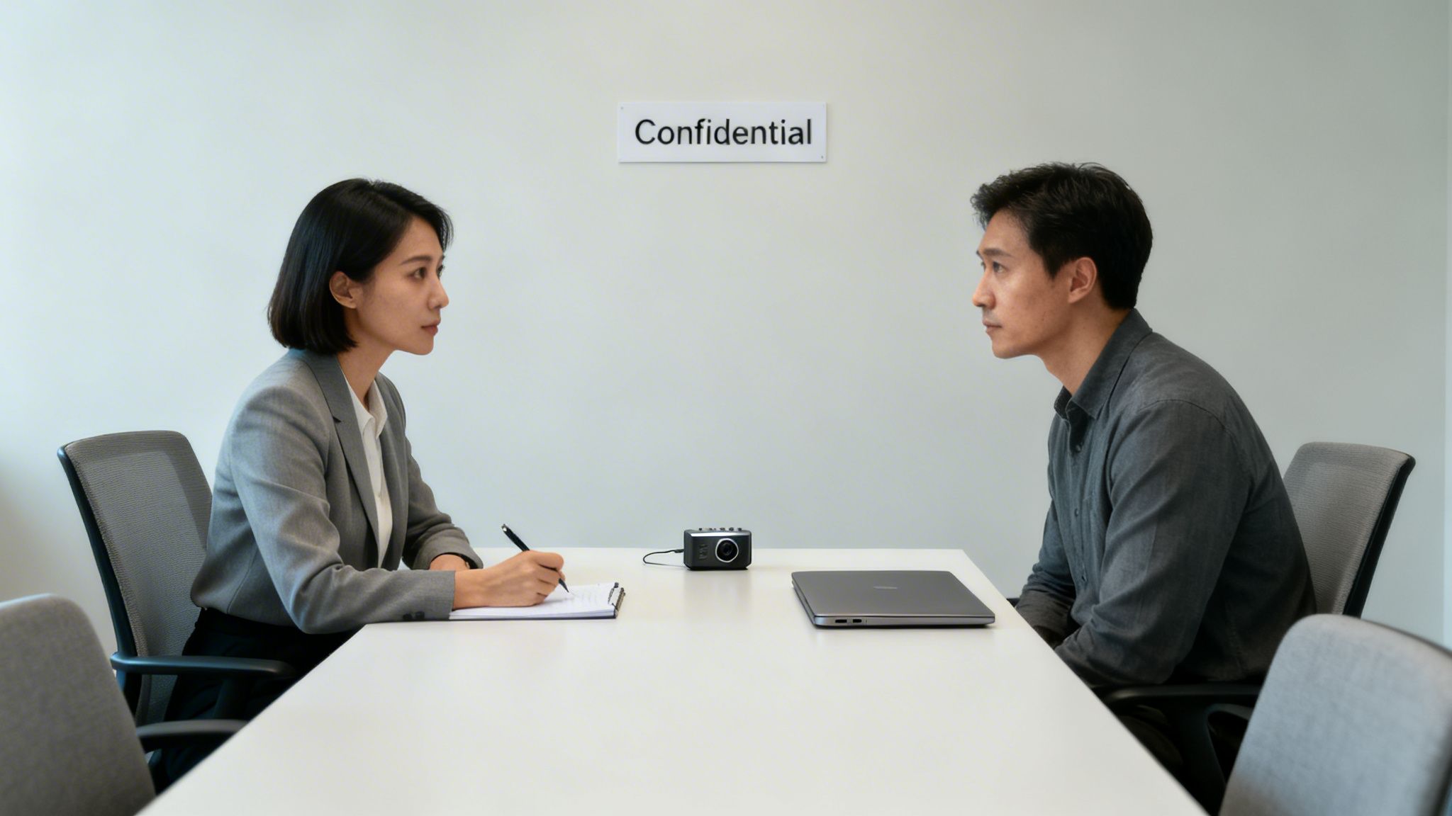Two professionals having a confidential meeting across a table with a recorder and laptop.