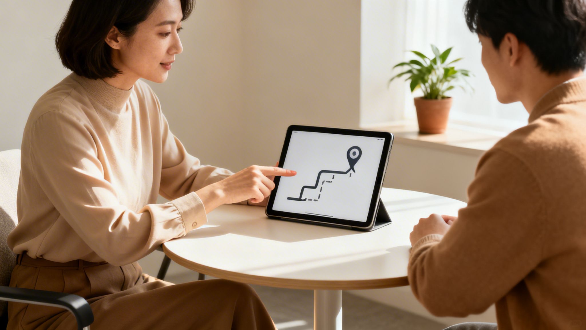 A woman points at a tablet showing a route with a location pin to a man.