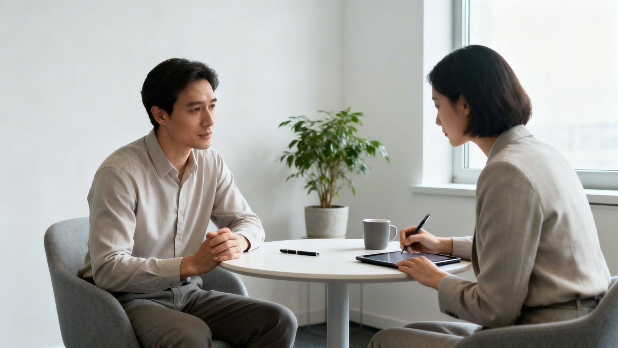 Two Asian professionals, a man and a woman, seated at a table during an interview or meeting.
