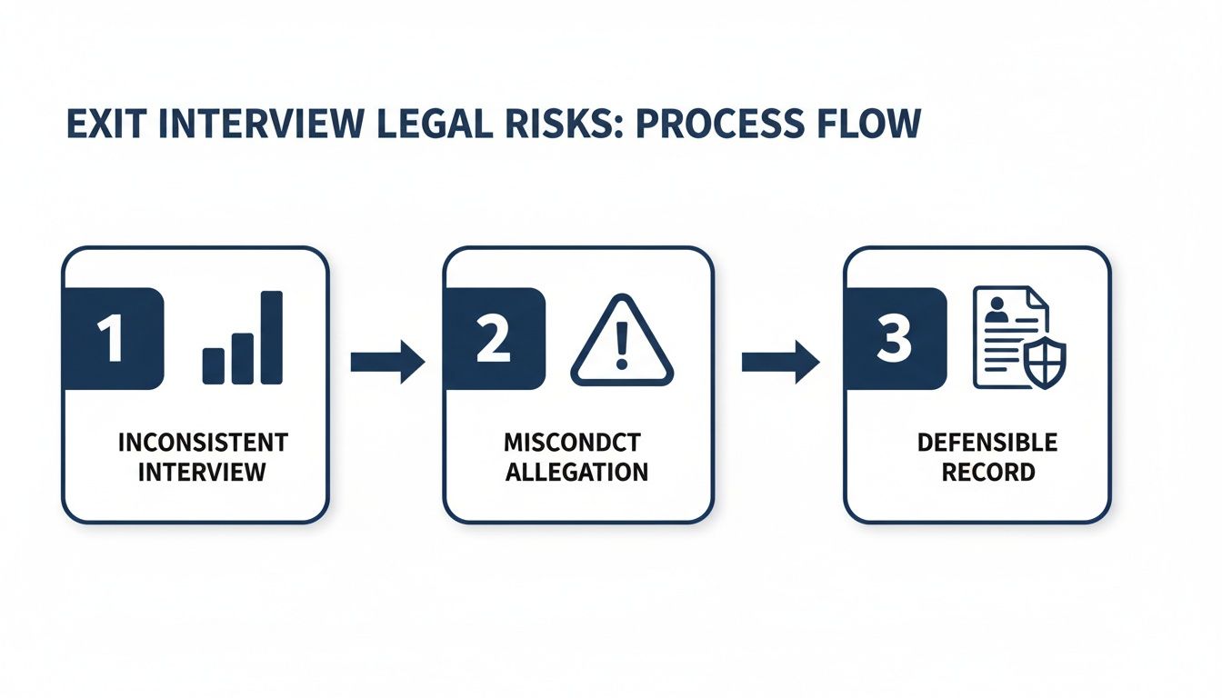 Process flow diagram outlining exit interview legal risks: inconsistent interview, misconduct allegation, and defensible record.