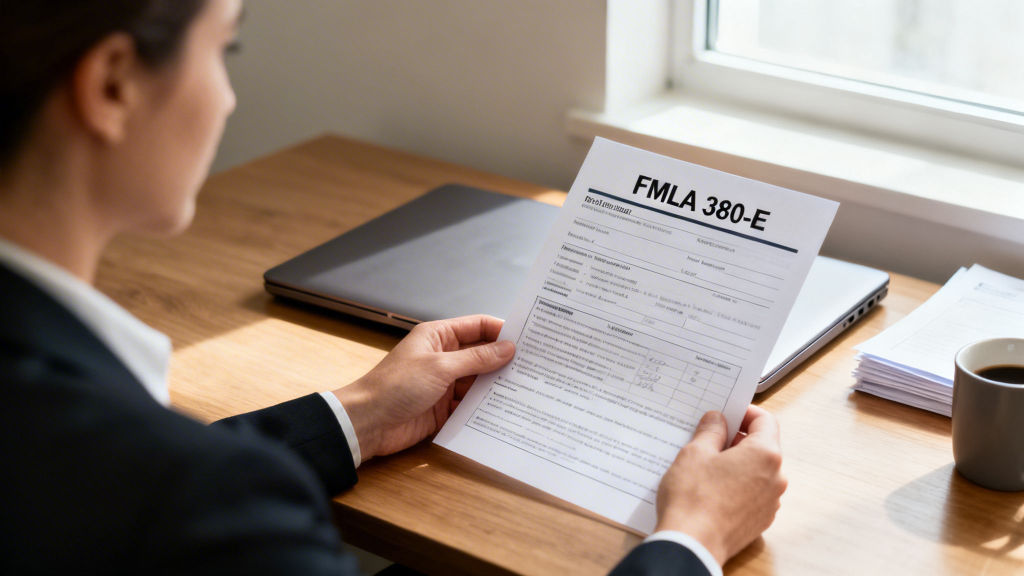 A professional person reviews an FMLA 380-E form at a wooden desk with a laptop and coffee.