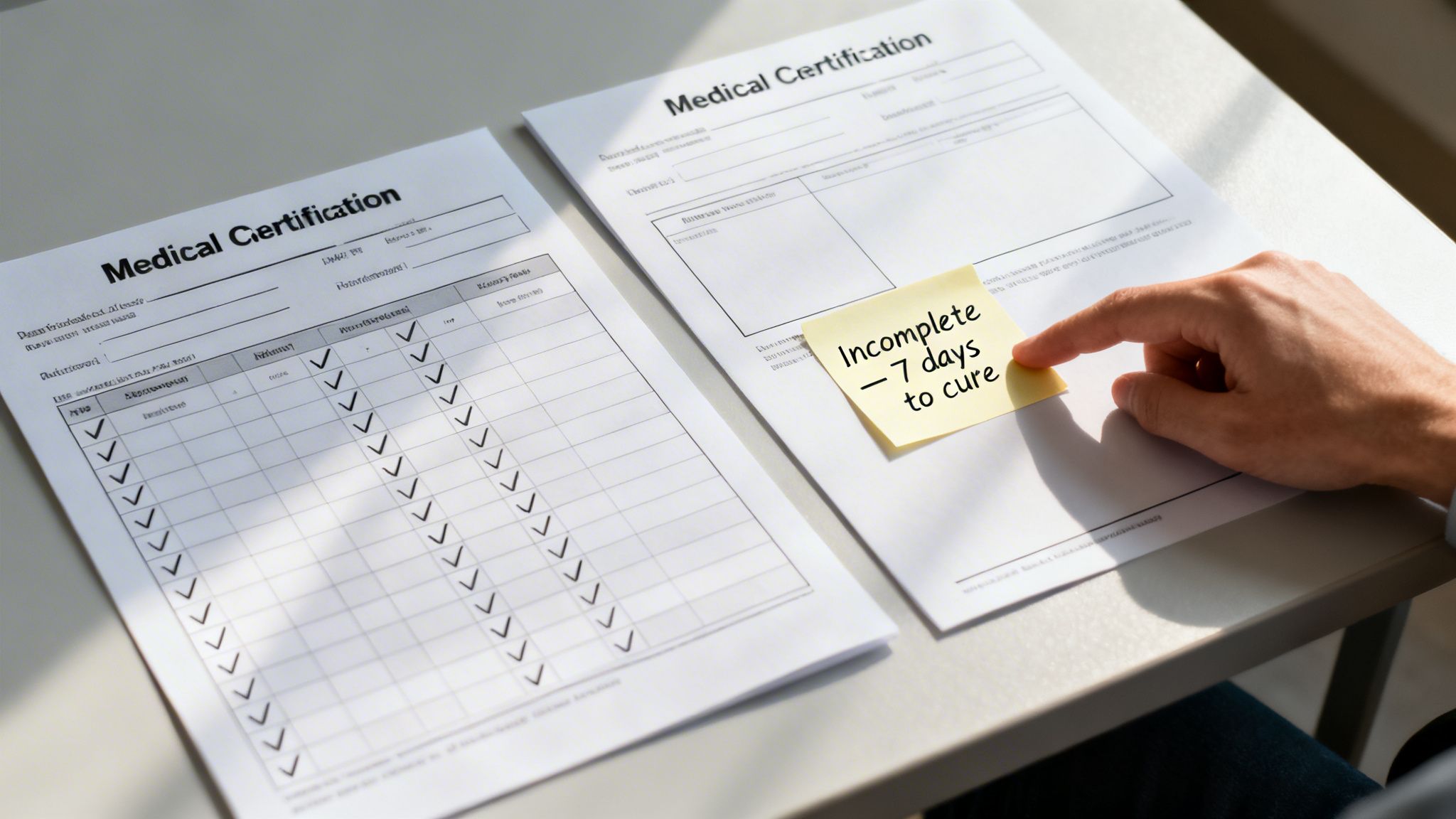 A hand points to a sticky note on an incomplete medical certification form, indicating '7 days to cure'.