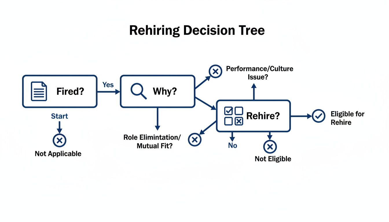 A rehiring decision tree flowchart explaining eligibility based on reasons for separation.