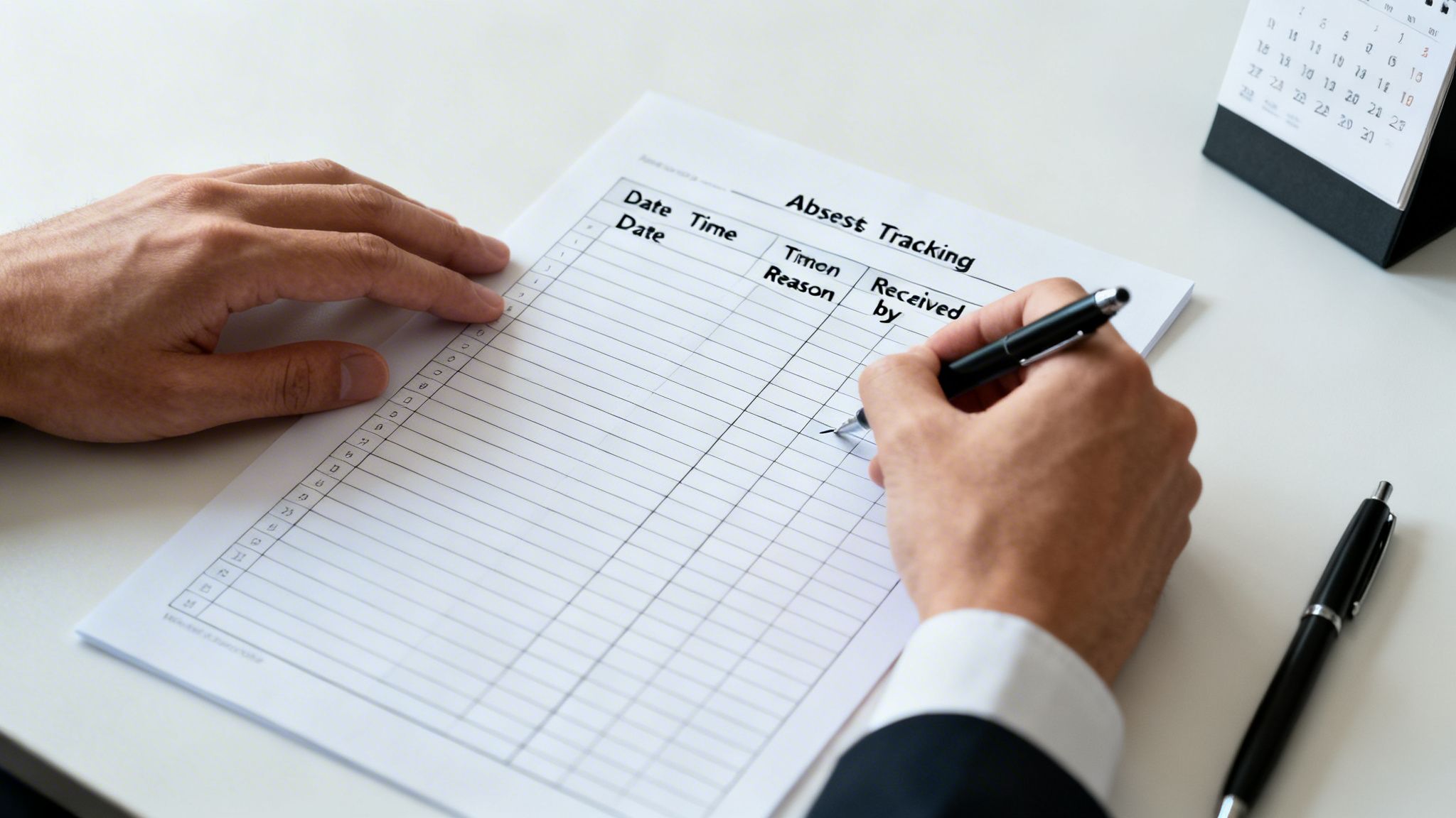 A person's hands writing with a pen on an absence tracking form on a white desk.