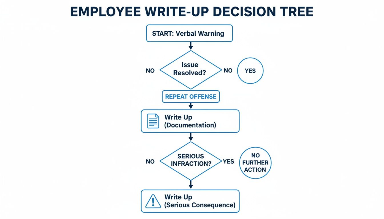Flowchart detailing the employee disciplinary process, from verbal warning to a serious write-up.