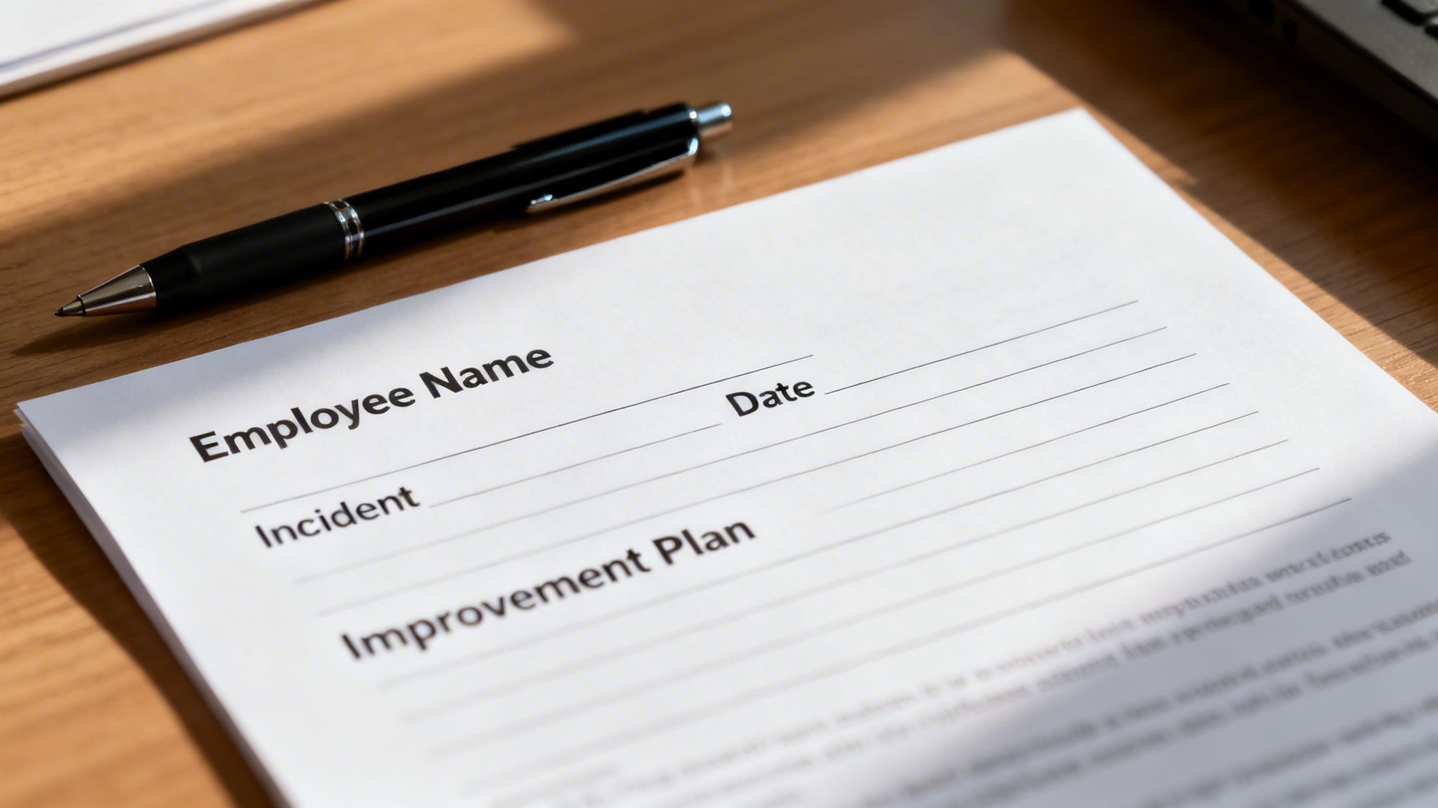 A close-up of an employee write-up form with a pen on a wooden desk.