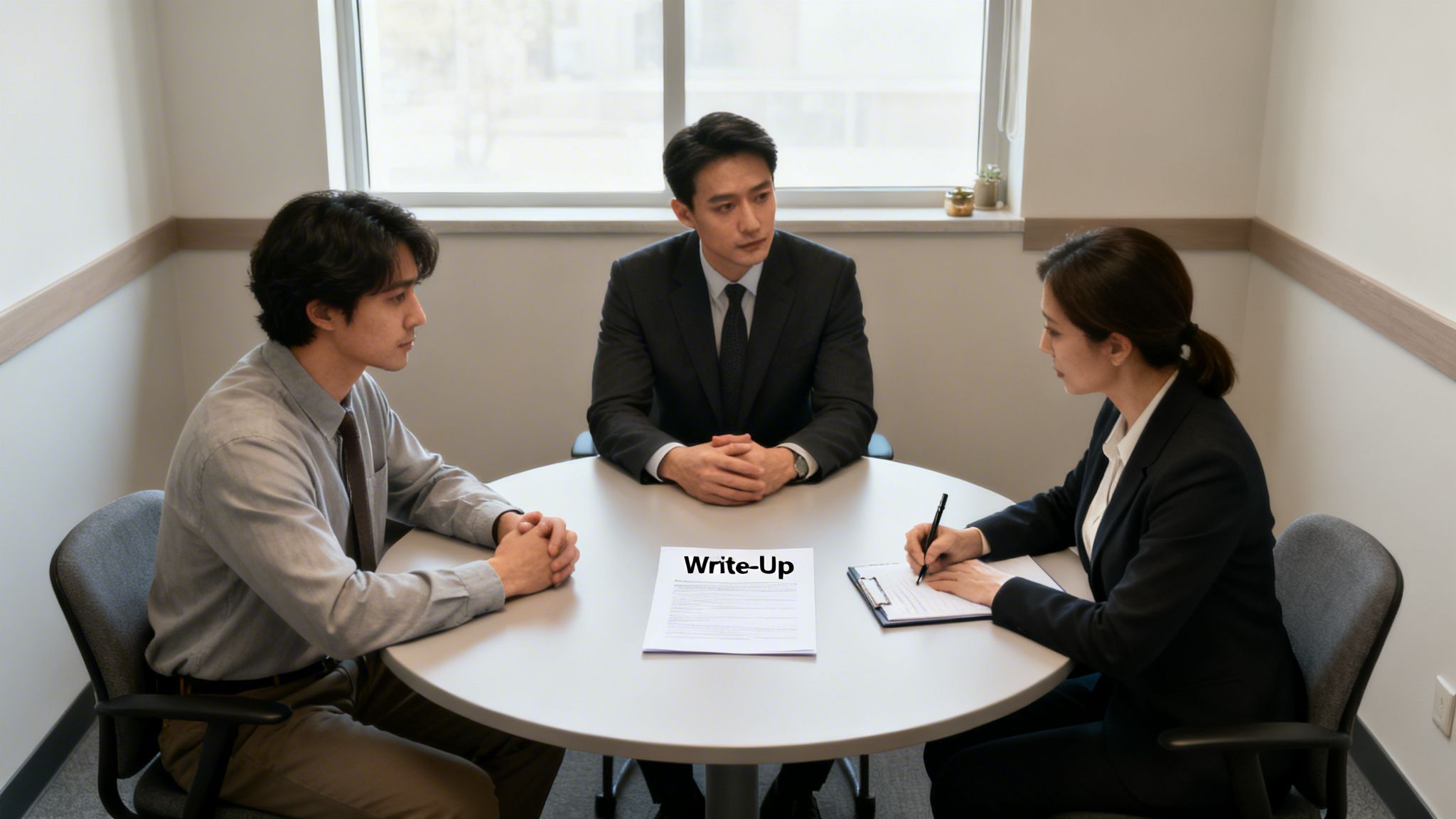 Three professionals, two men and one woman, discussing a 'Write-Up' document at a meeting table.