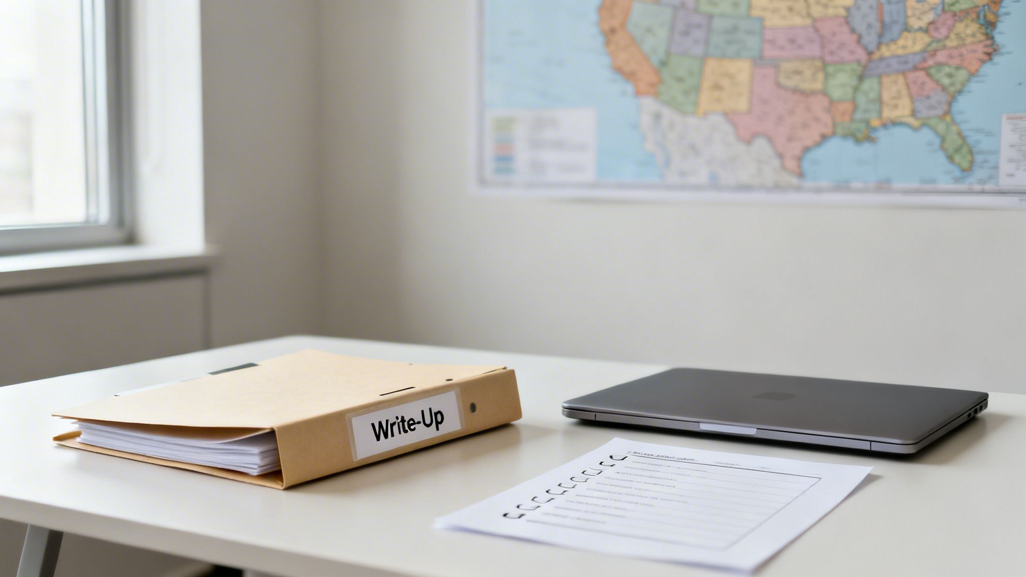A desk with a folder labeled 'Write-Up', a closed laptop, a checklist, and a US map on the wall.