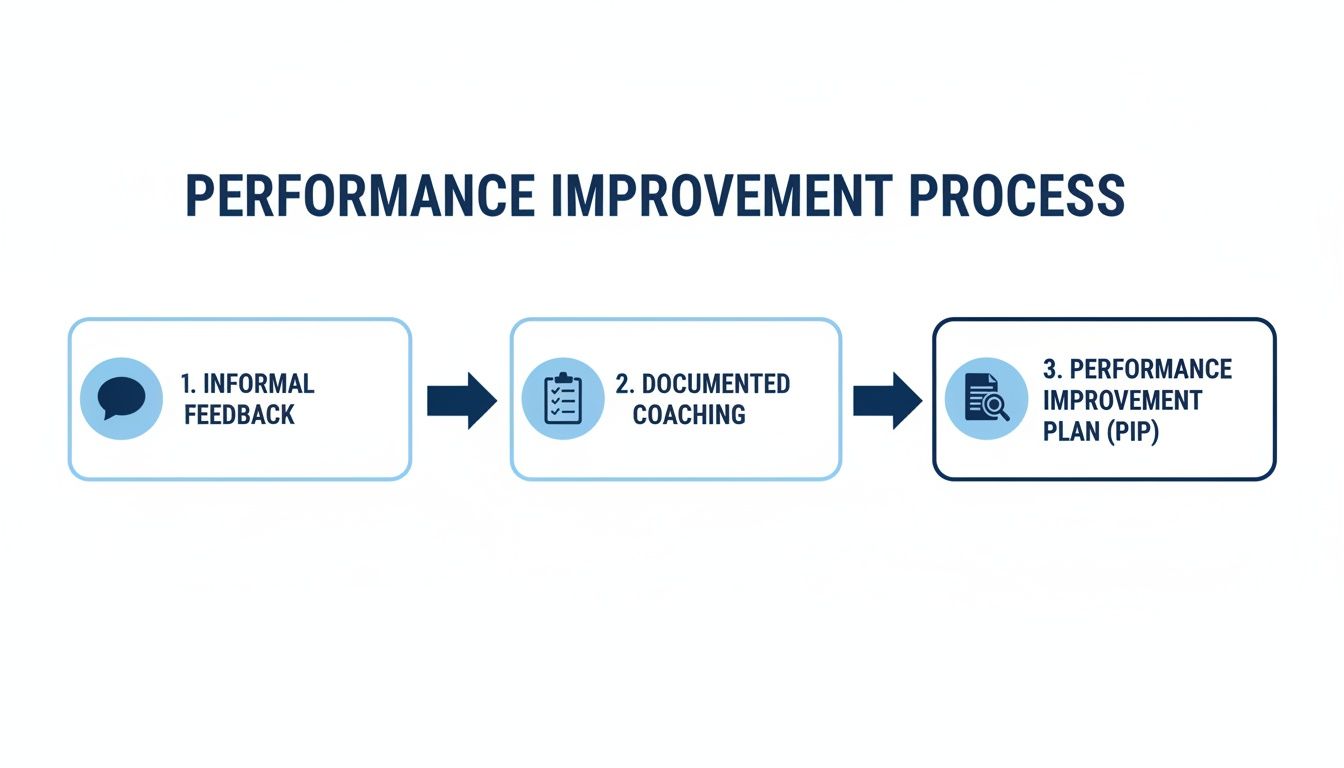 Flowchart outlining a performance improvement process: informal feedback, documented coaching, and a PIP.