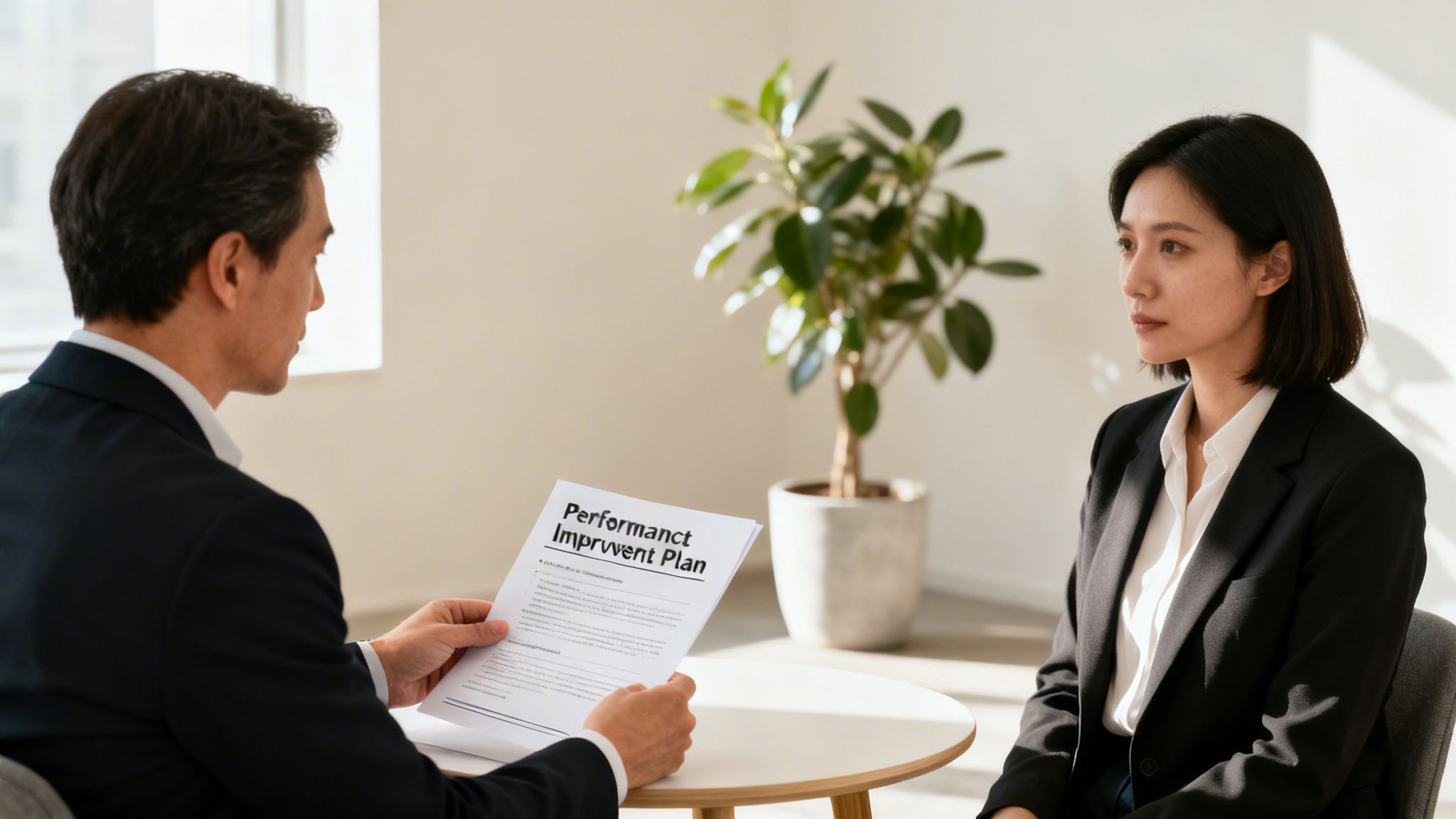 A male manager discusses a performance improvement plan with a female employee in an office.