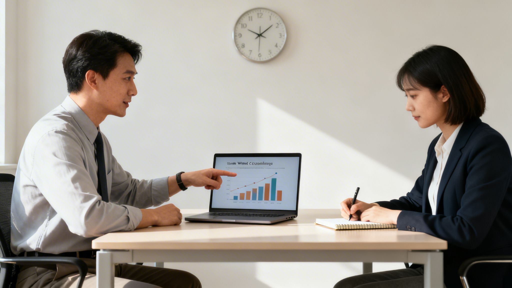 Two colleagues reviewing a performance graph on a laptop, with one taking notes in a bright office.