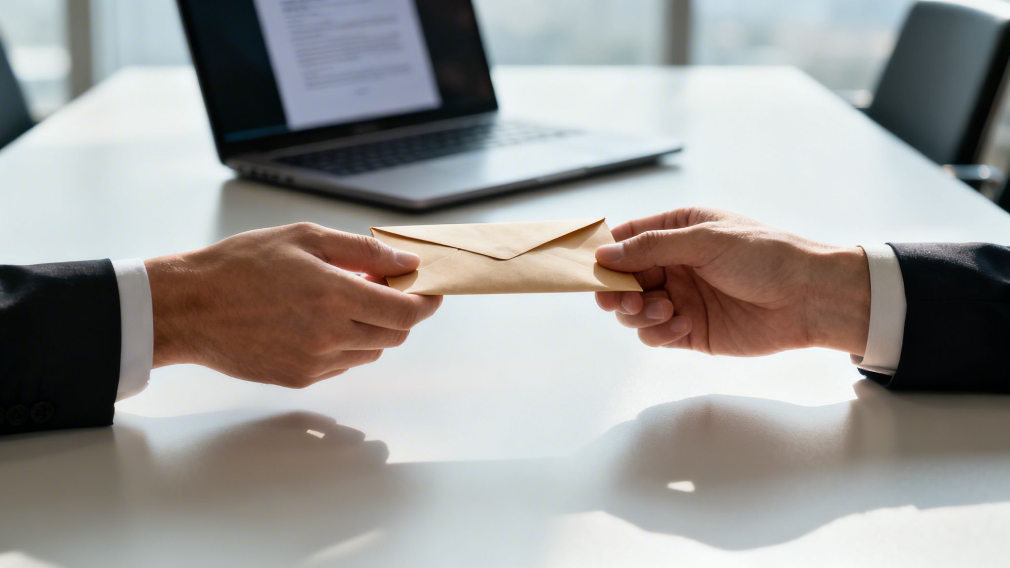 Two hands in suits exchanging a brown envelope on a white table with a laptop.