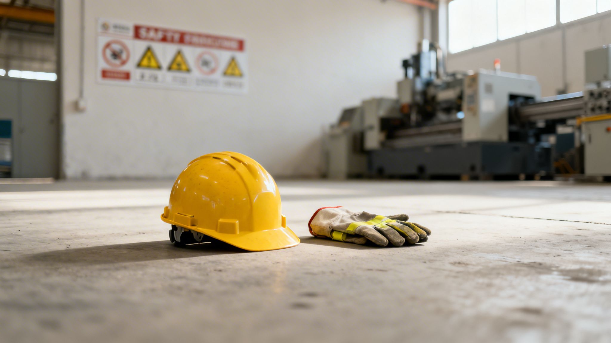 Yellow hard hat and work gloves lie on a concrete floor in a factory with machinery.