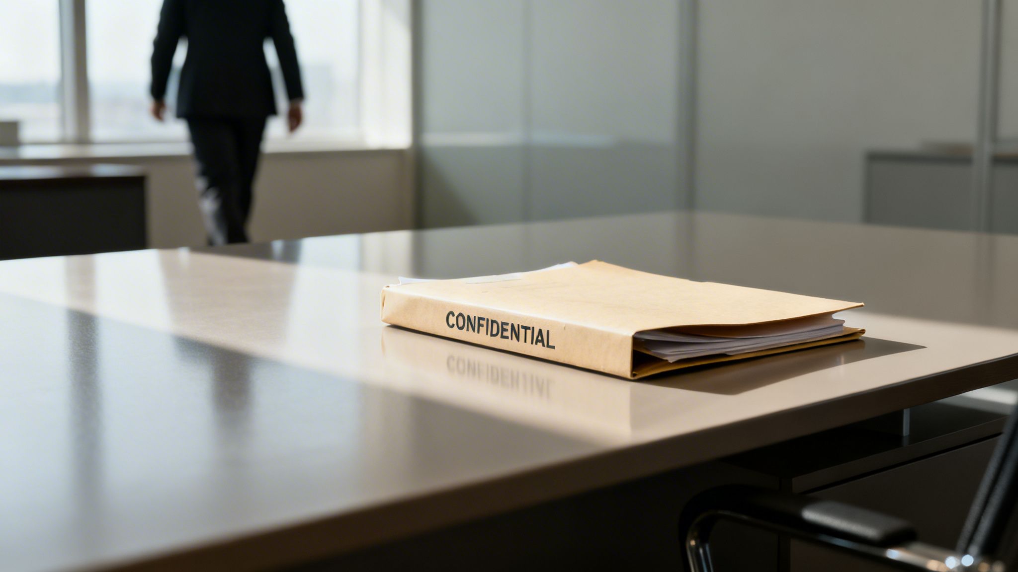 A "CONFIDENTIAL" file folder rests on a polished office table, a person walking in the background.