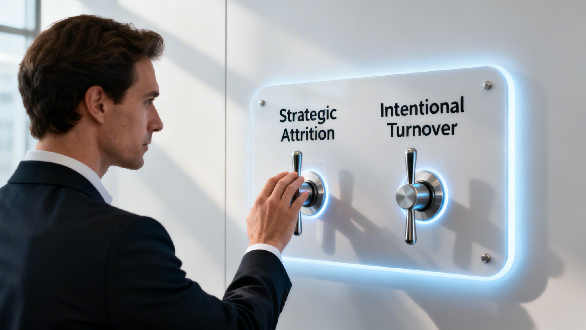 A professional man in a suit carefully turning a dial labeled Strategic Attrition on a wall panel.