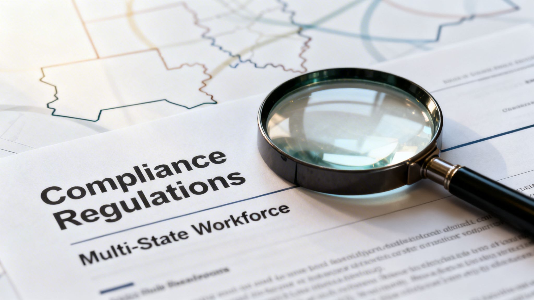 A magnifying glass placed over a document titled Compliance Regulations for a Multi-State Workforce.