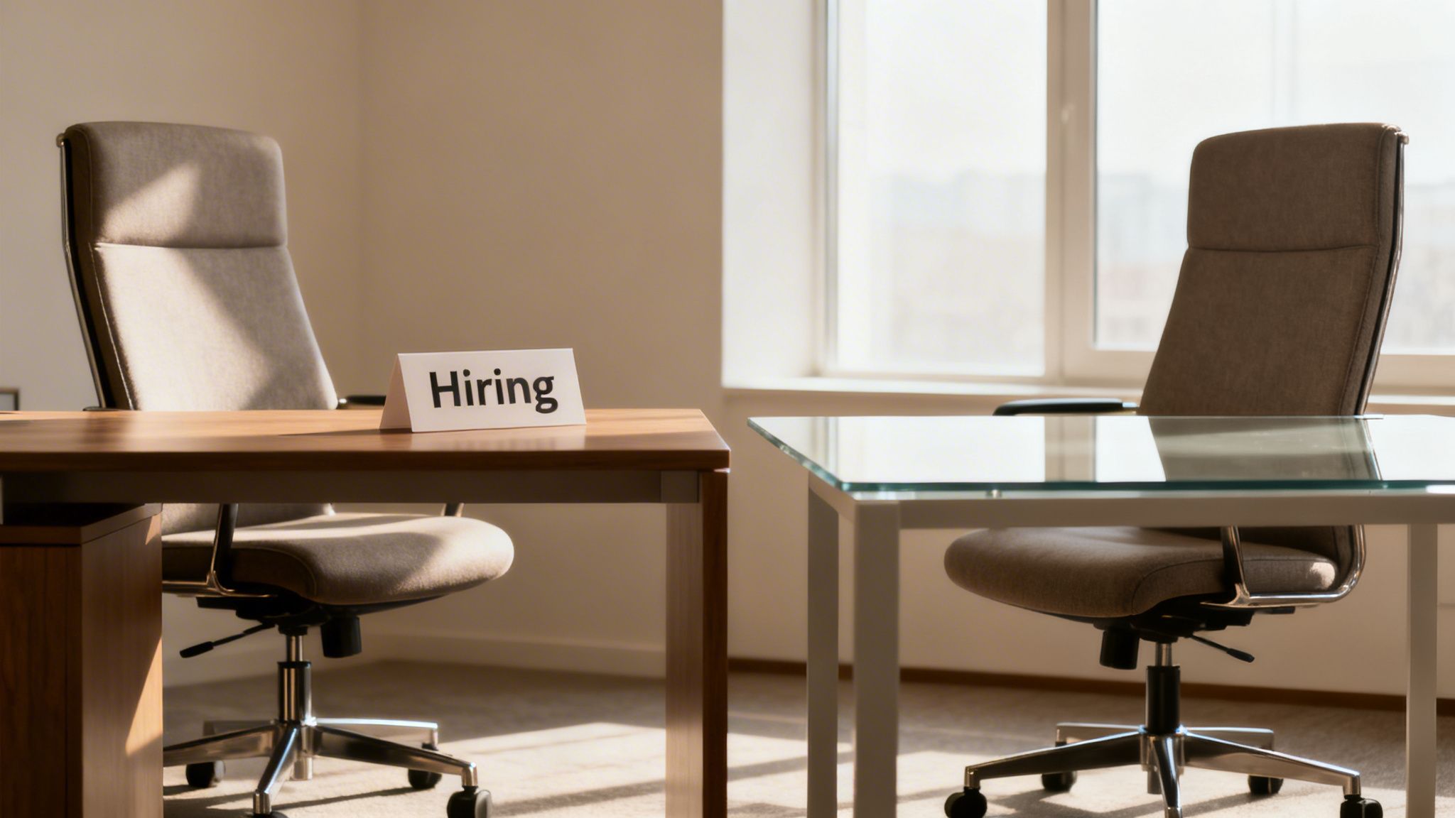 Two professional office chairs face each other across a wooden desk with a white hiring sign displayed.