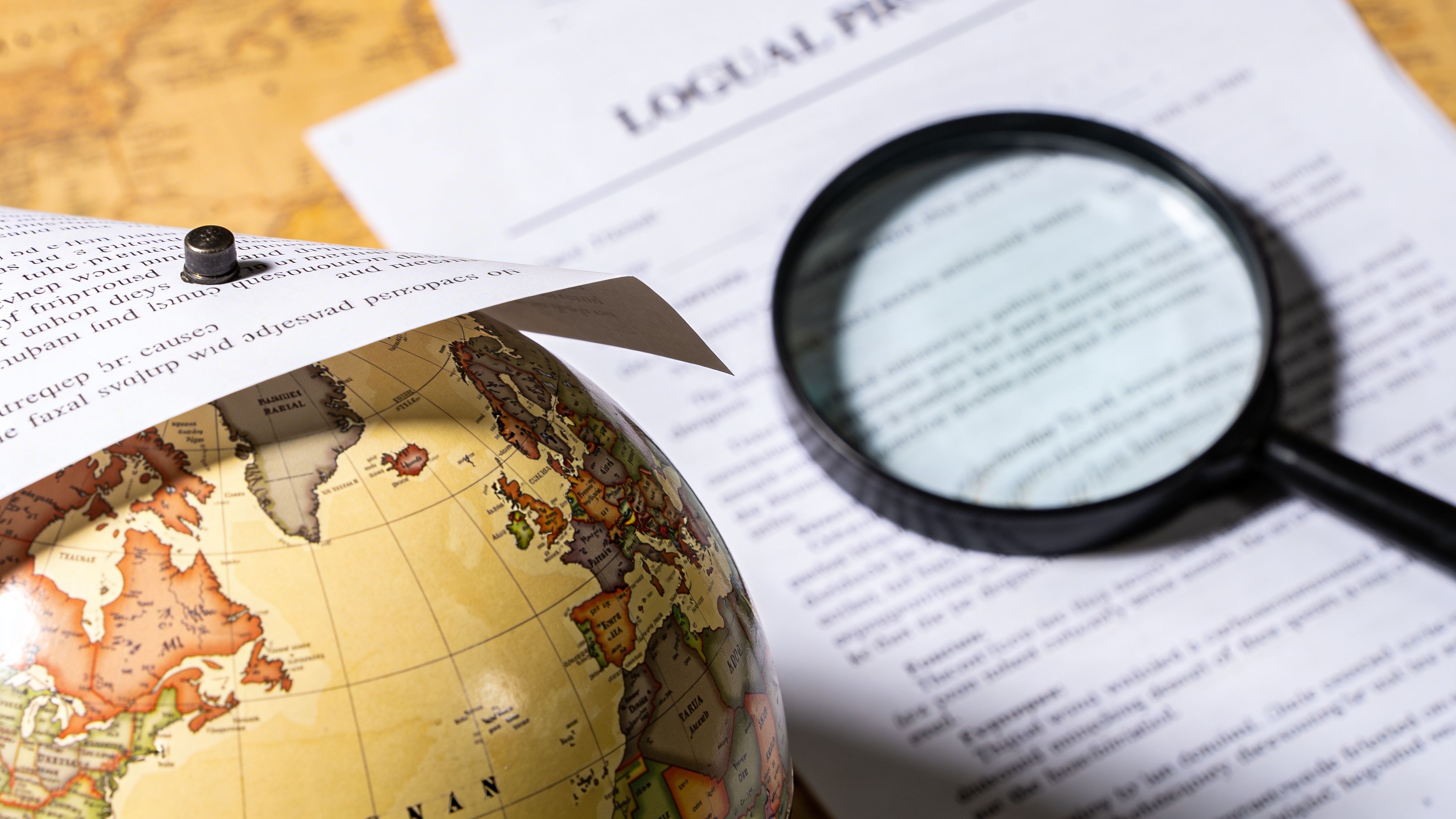A magnifying glass resting on a printed document next to a globe with a paper attached.