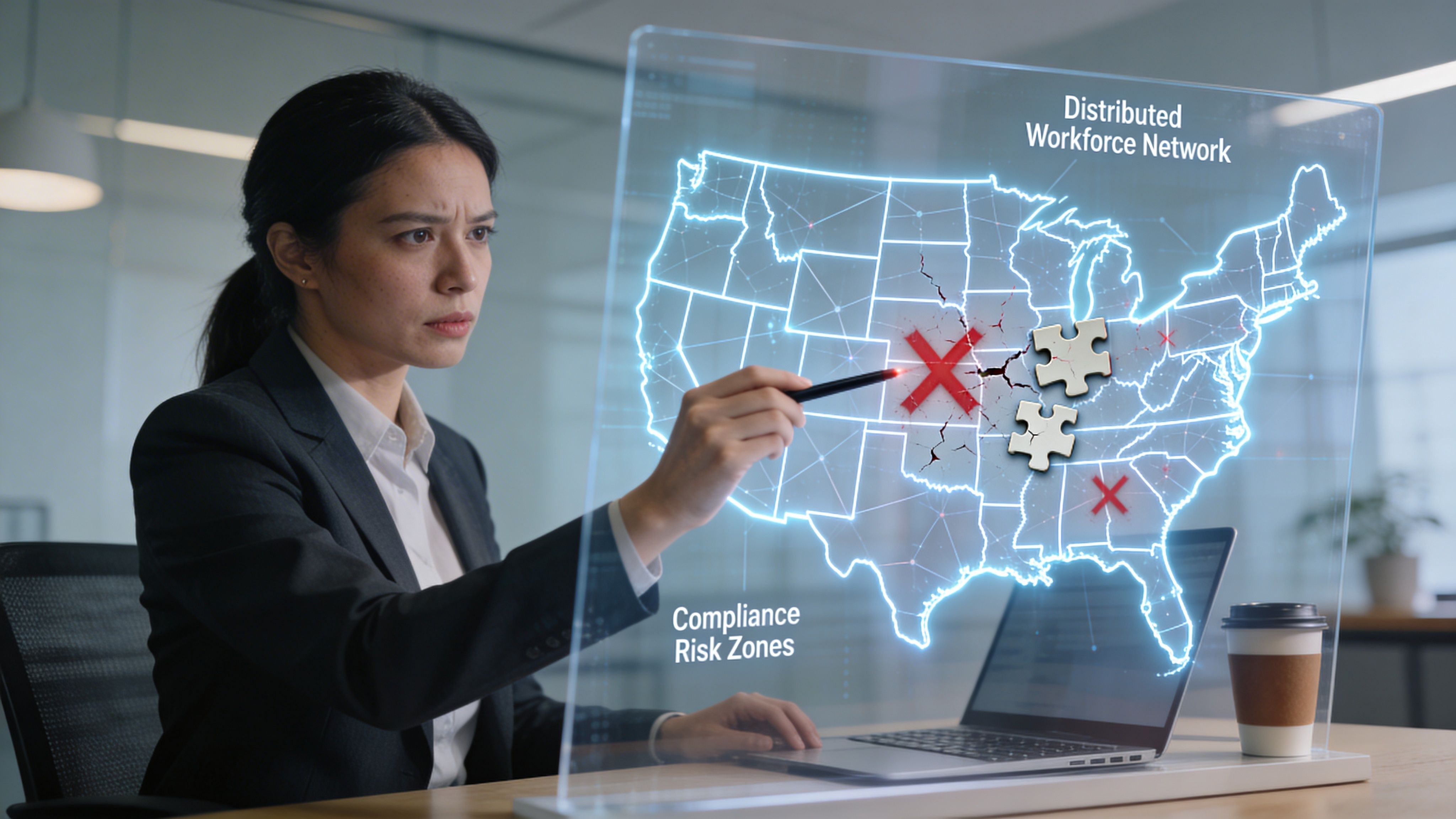 A professional woman analyzing a digital map of the United States with risk zones on a glass display.