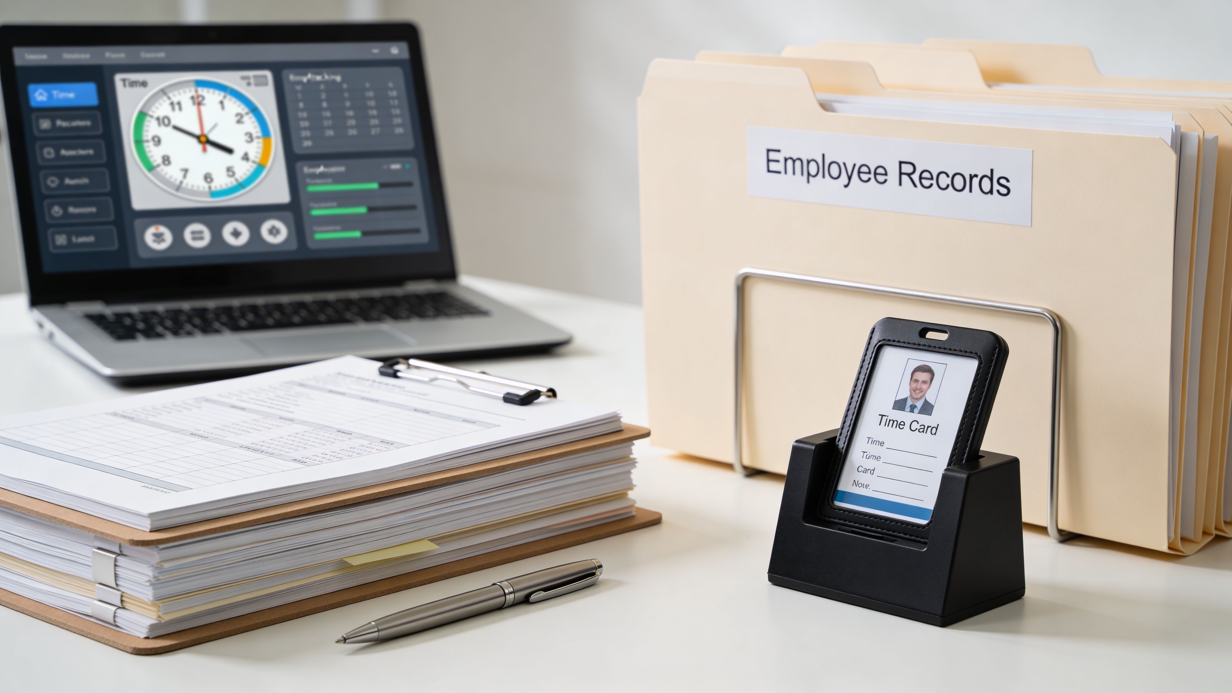 A professional office desk with a laptop displaying a time tracking app, employee files, and a time card.
