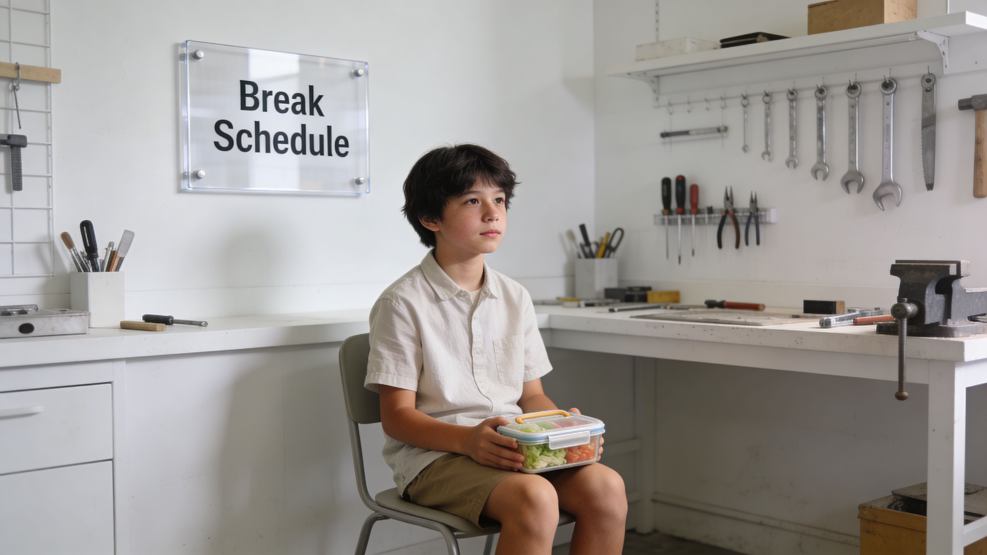 A young boy sits in a workshop holding a food container while waiting for his lunch break.