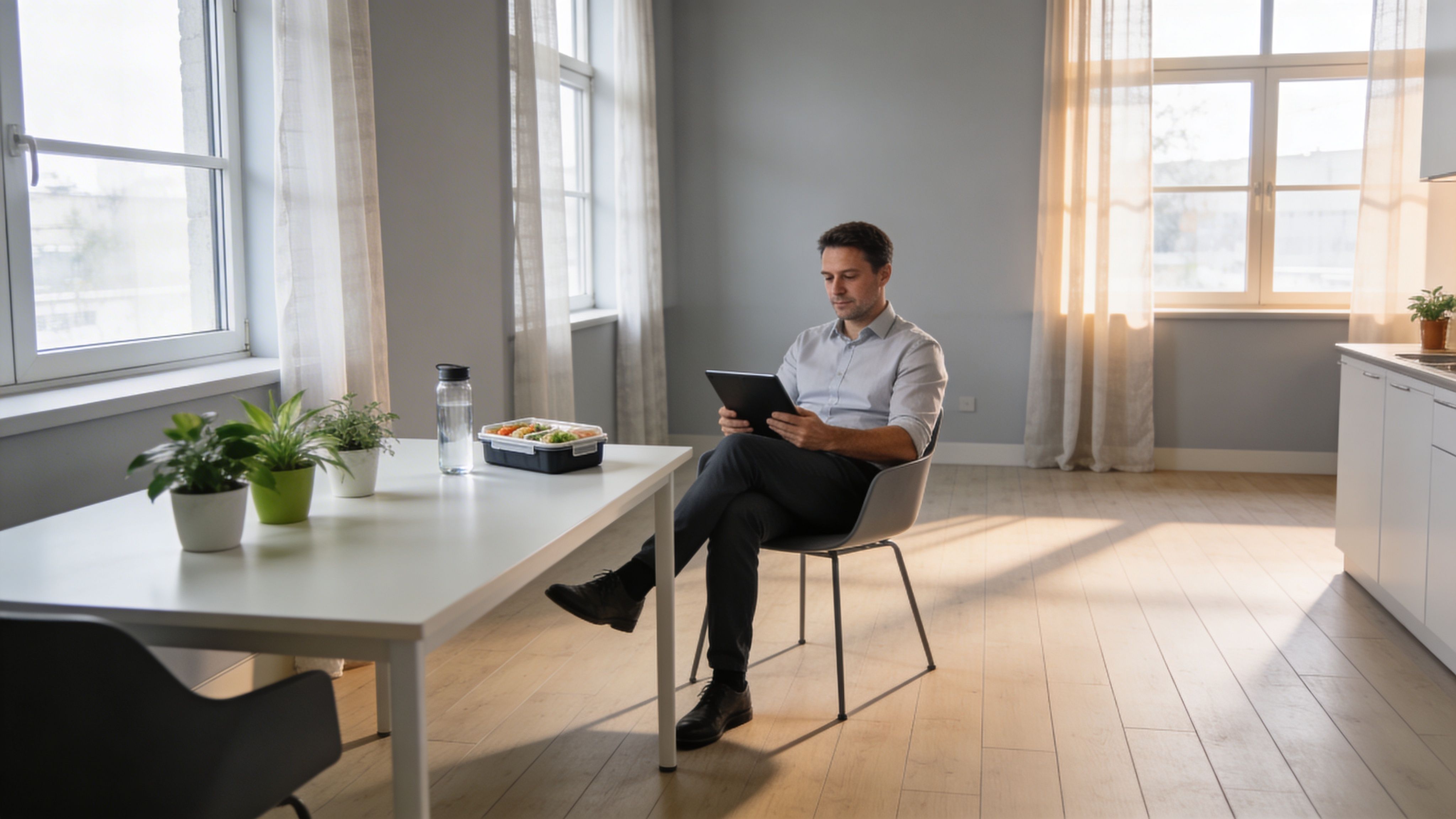 A professional man enjoys his lunch break while reviewing documents on a digital tablet at home