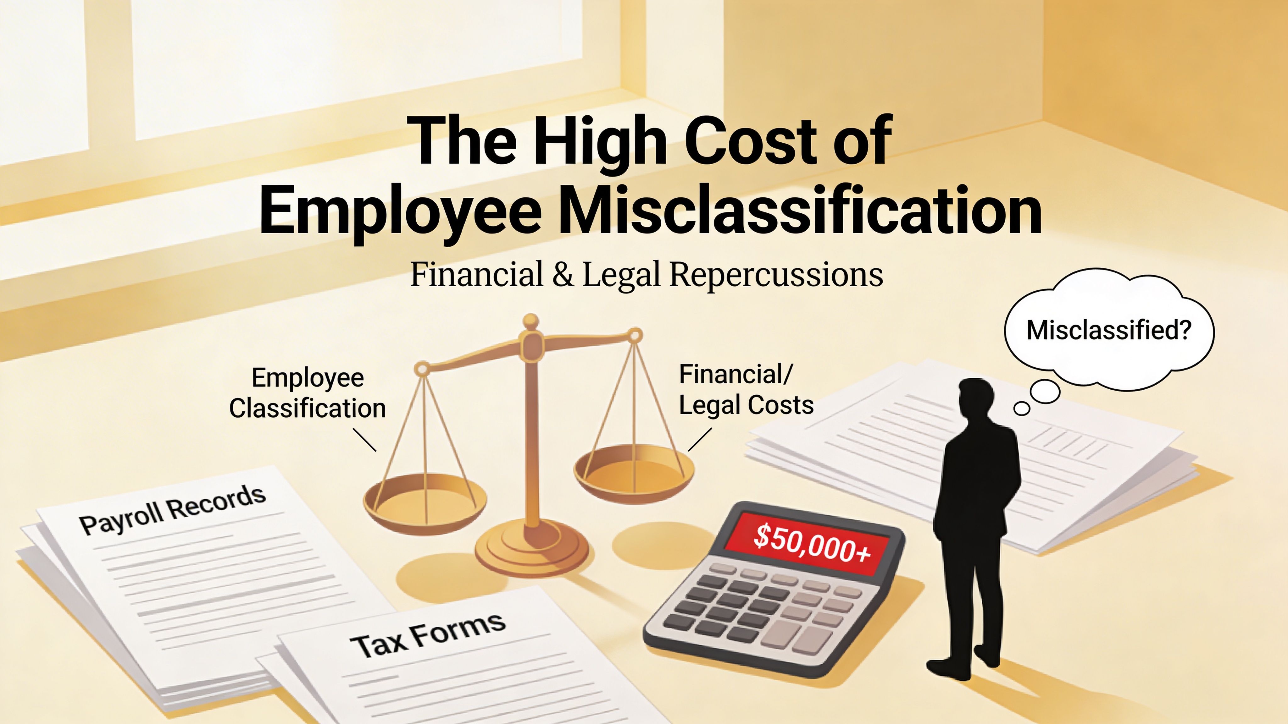 A professional illustration highlighting the financial and legal risks and costs associated with misclassifying employees.