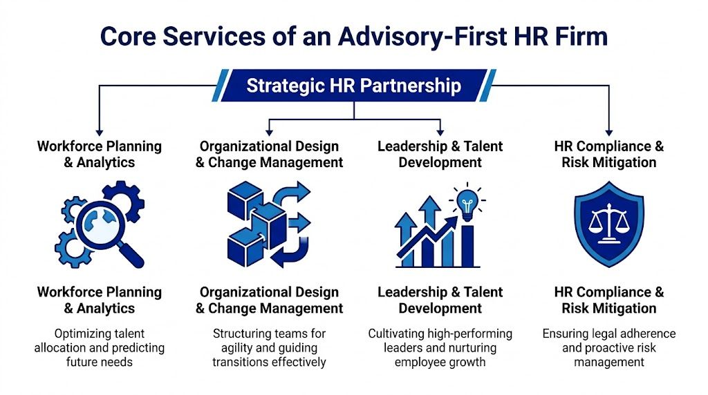 A diagram illustrating the core services of an advisory-first HR firm including strategic HR partnership pillars.