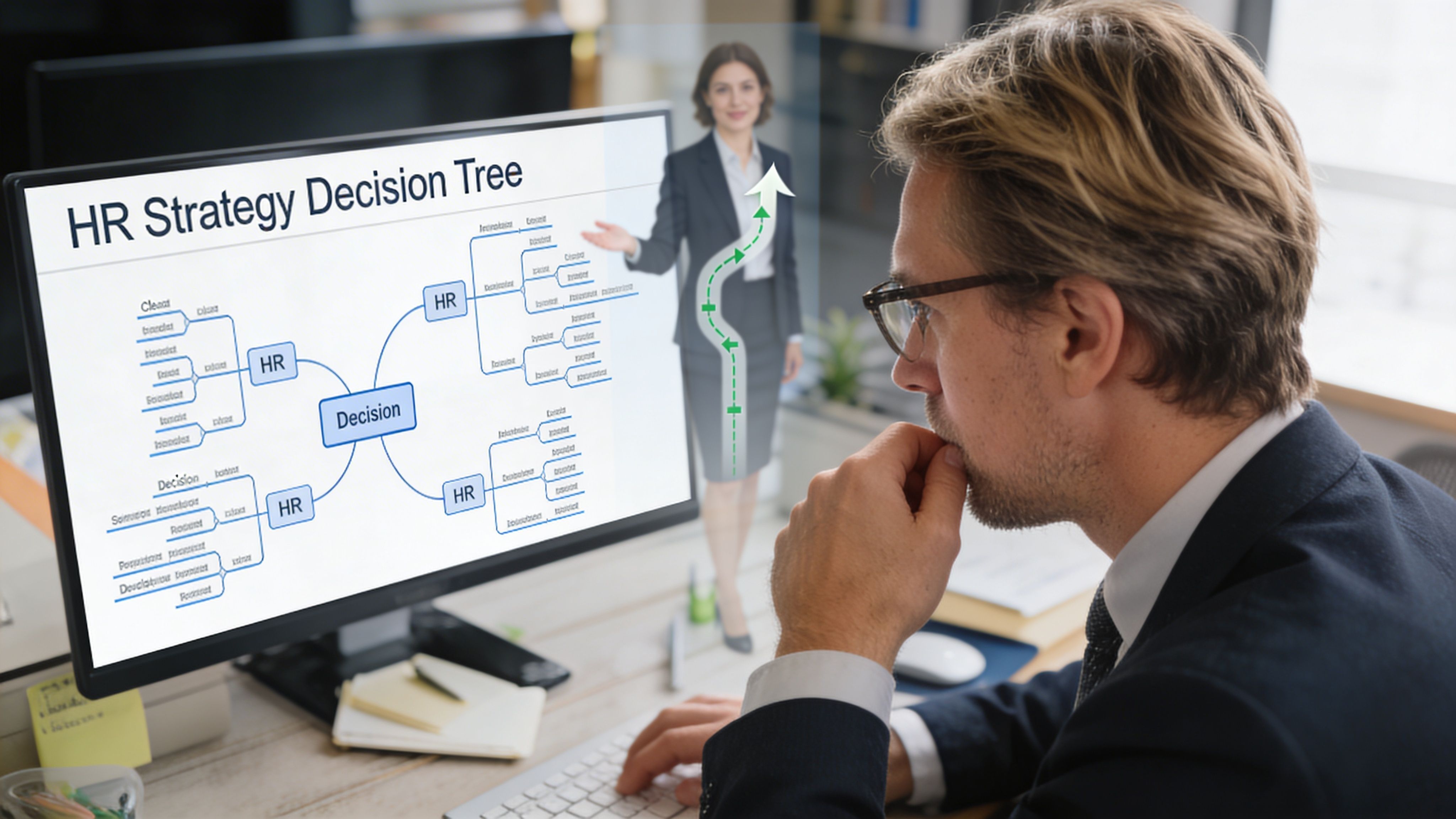 A professional man in a suit looks at an HR strategy decision tree diagram on his computer monitor.