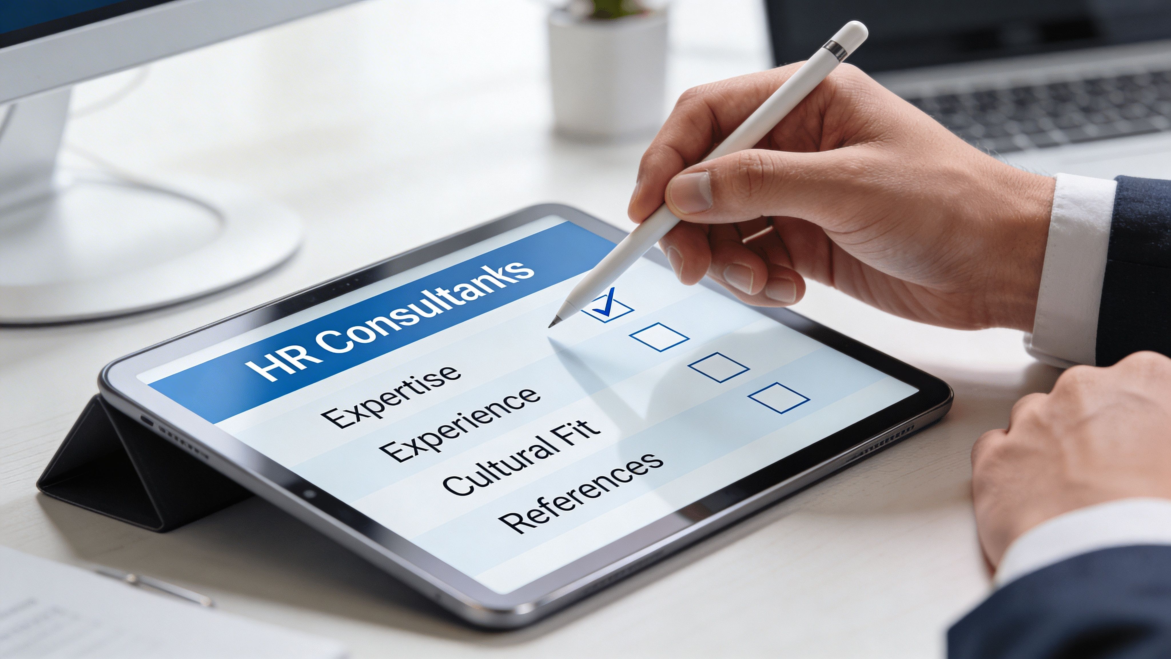 A professional using a stylus to check boxes on a digital checklist about HR consulting services.