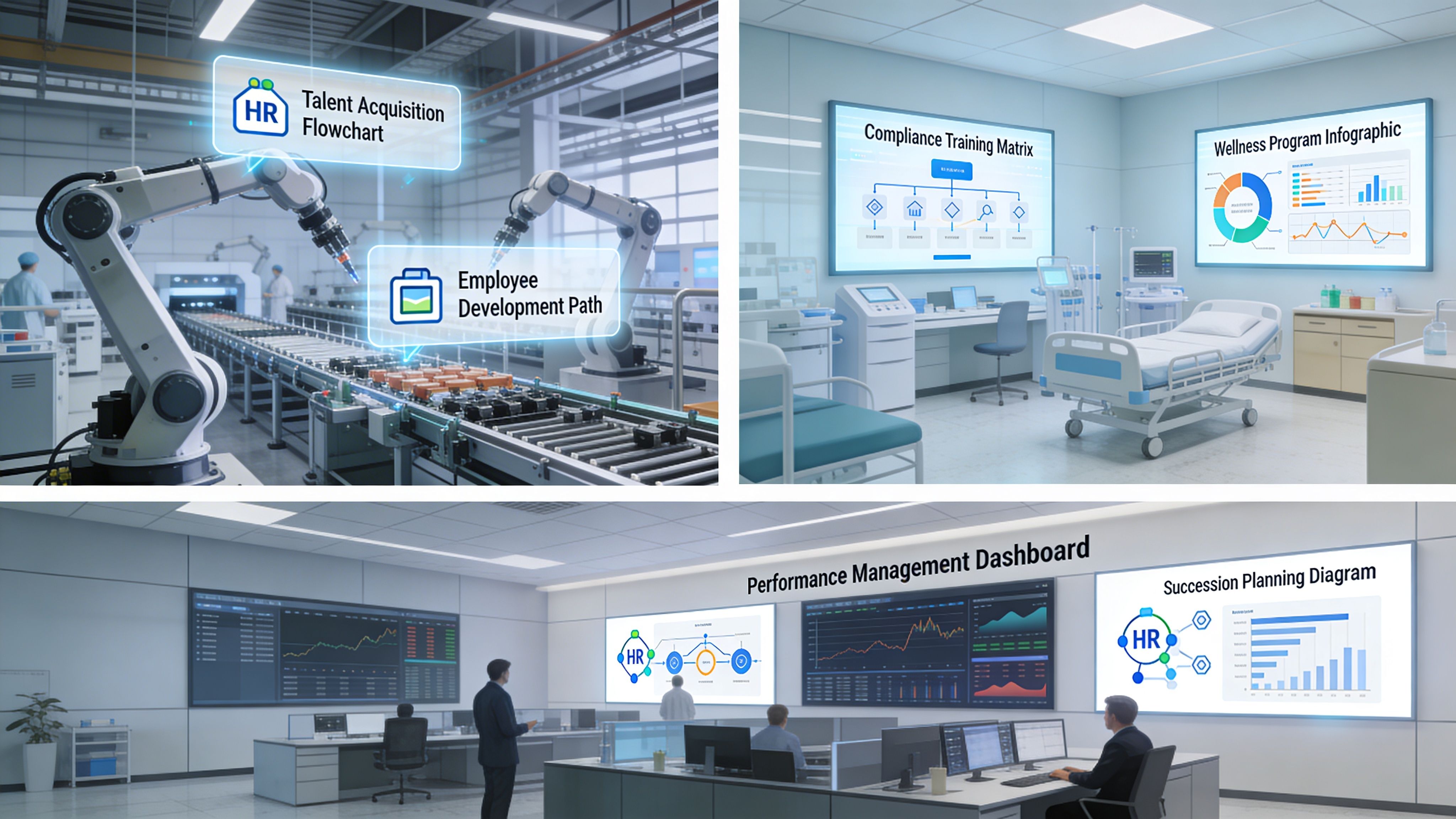 A composite image showing HR management concepts integrated into factory, medical, and office technology environments.