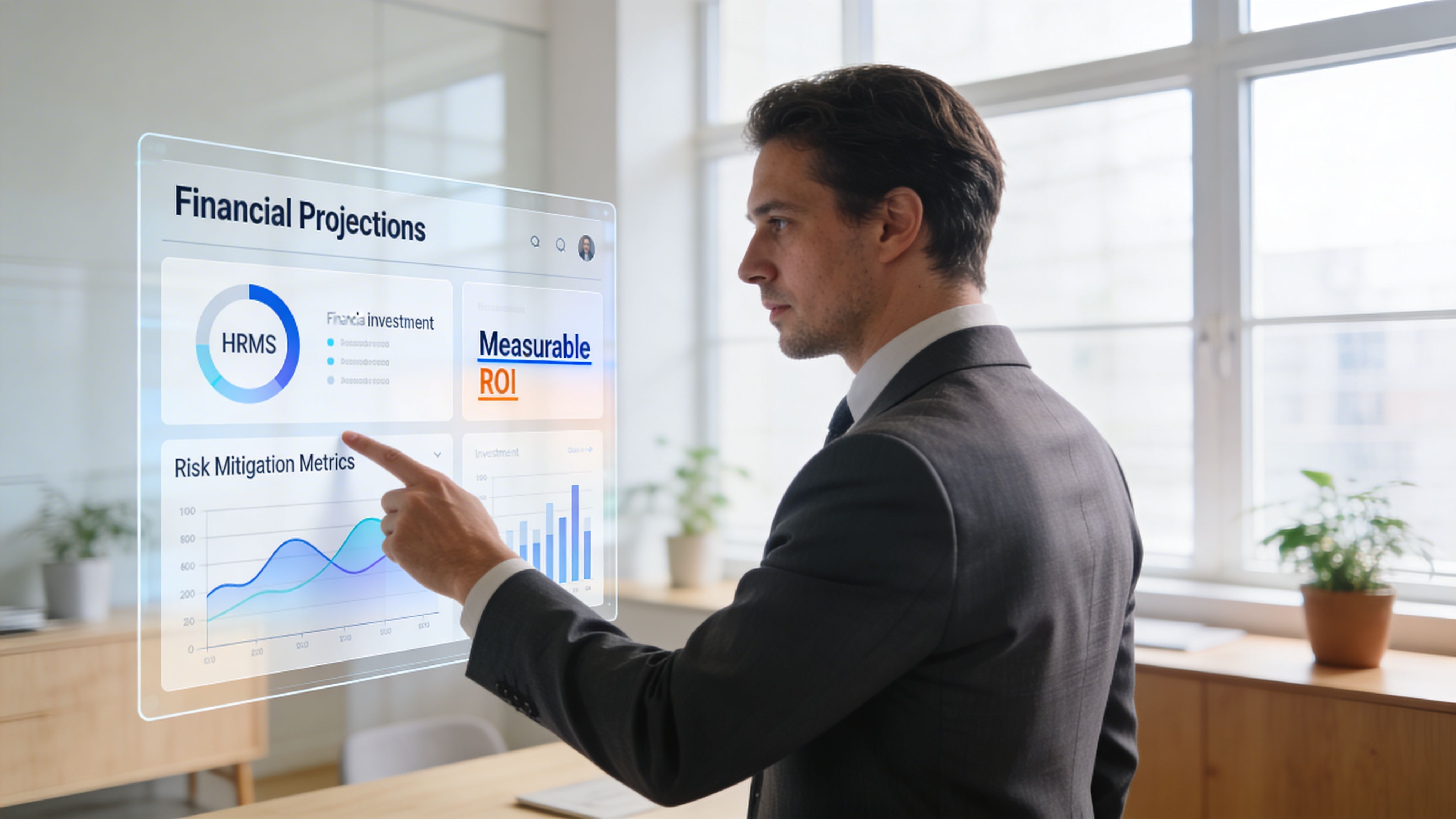 A professional businessman in a suit interacting with a digital interface displaying financial and HR data.