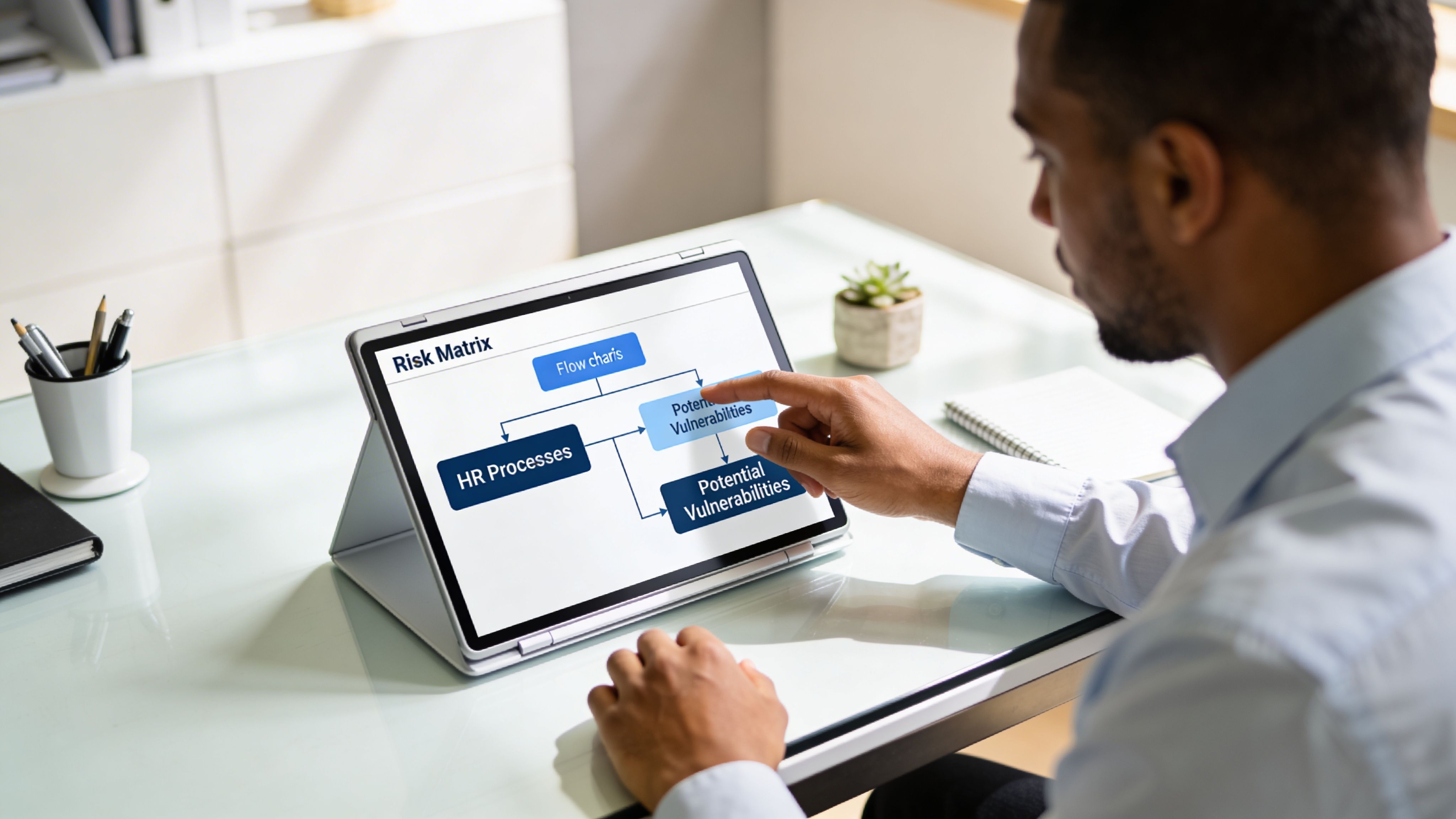 A professional analyzing a digital risk matrix chart about HR processes and potential vulnerabilities on a laptop.