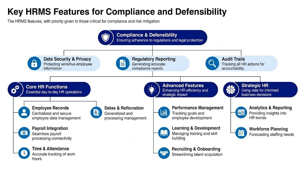 A diagram illustrating key HRMS features for compliance, defensibility, core operations, and strategic human resource management.