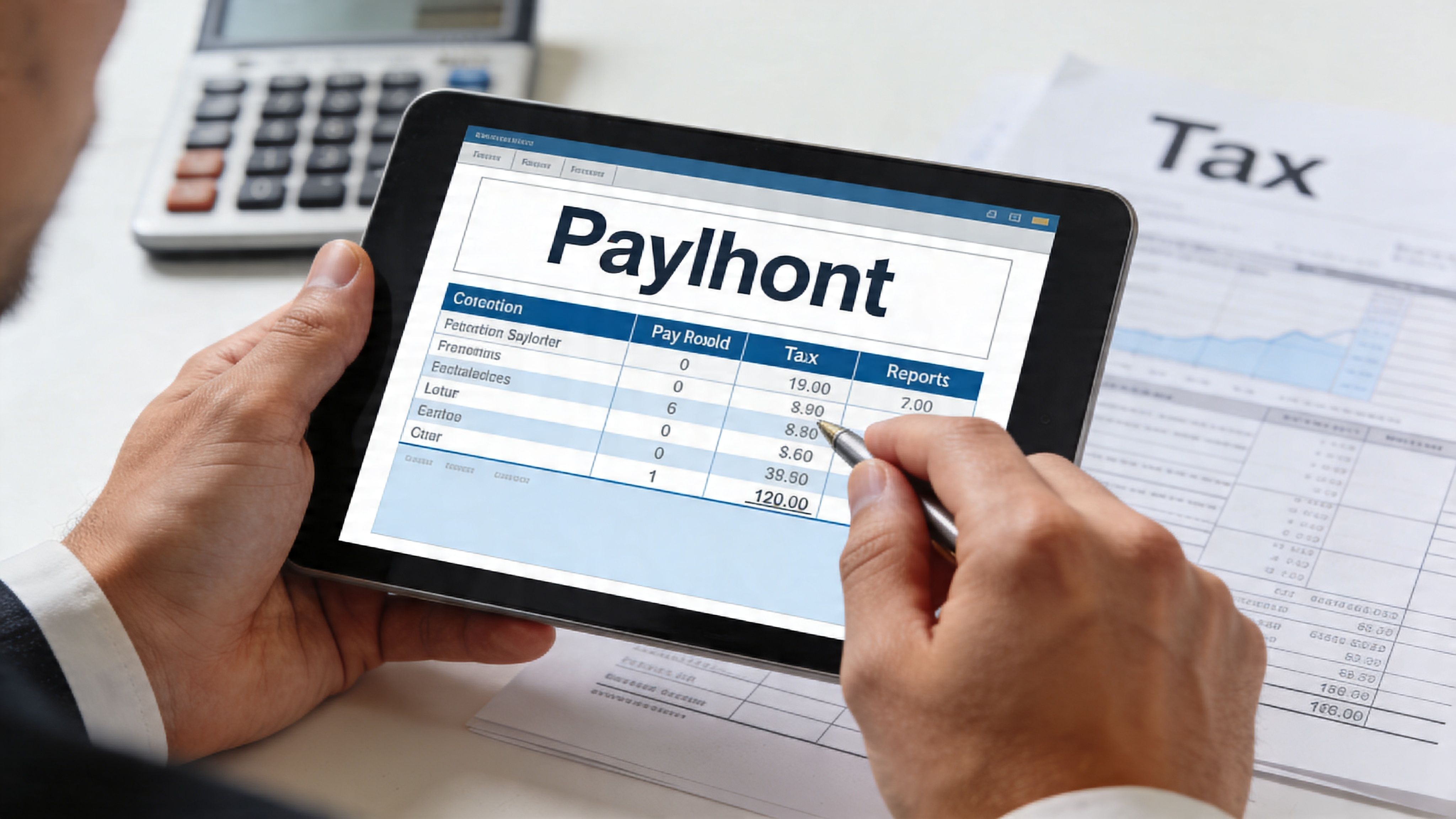 A businessman reviewing payroll tax data on a tablet screen while working with financial documents at desk.