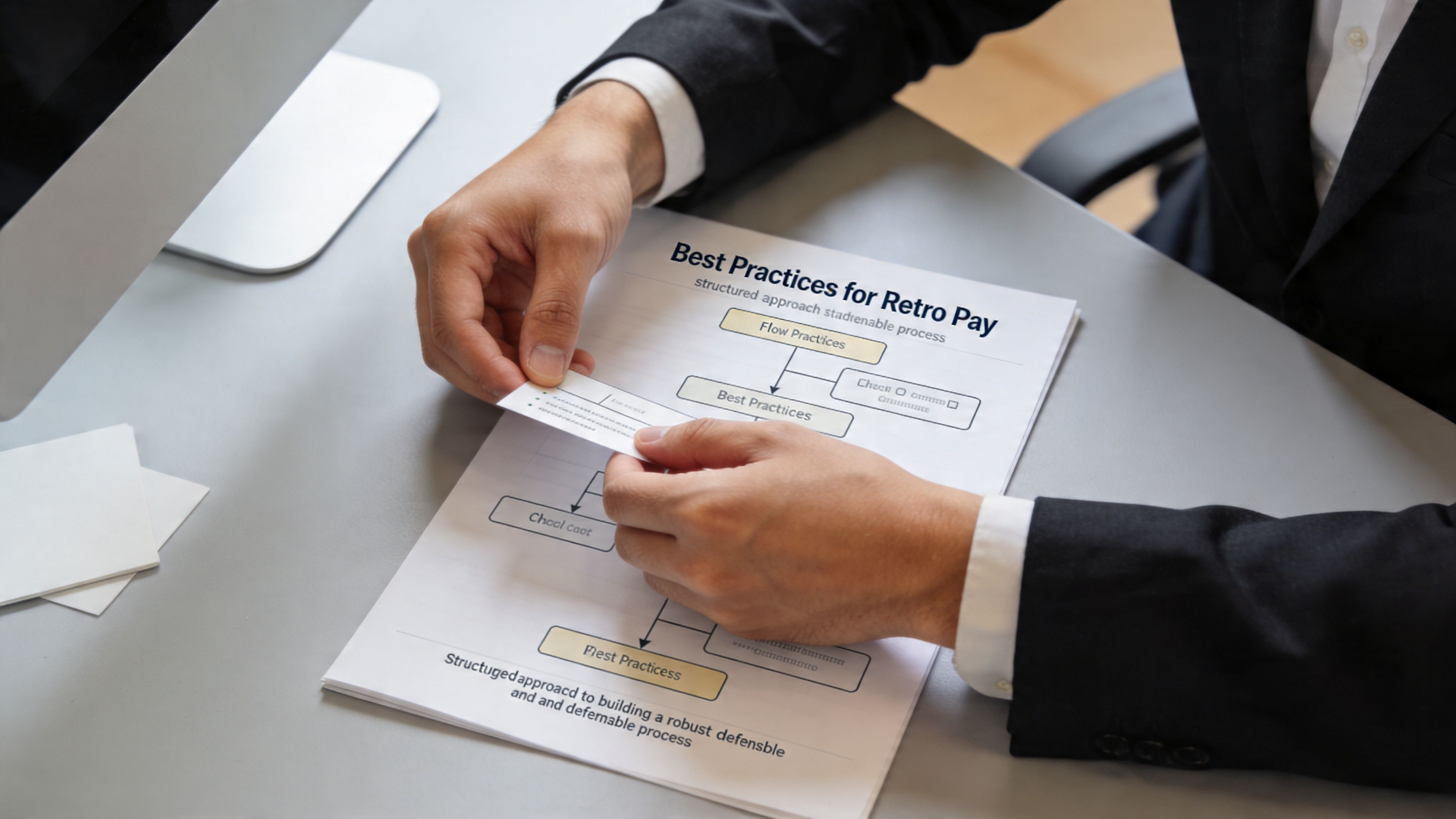 A professional in a suit reviewing a document labeled Best Practices for Retro Pay at a desk.