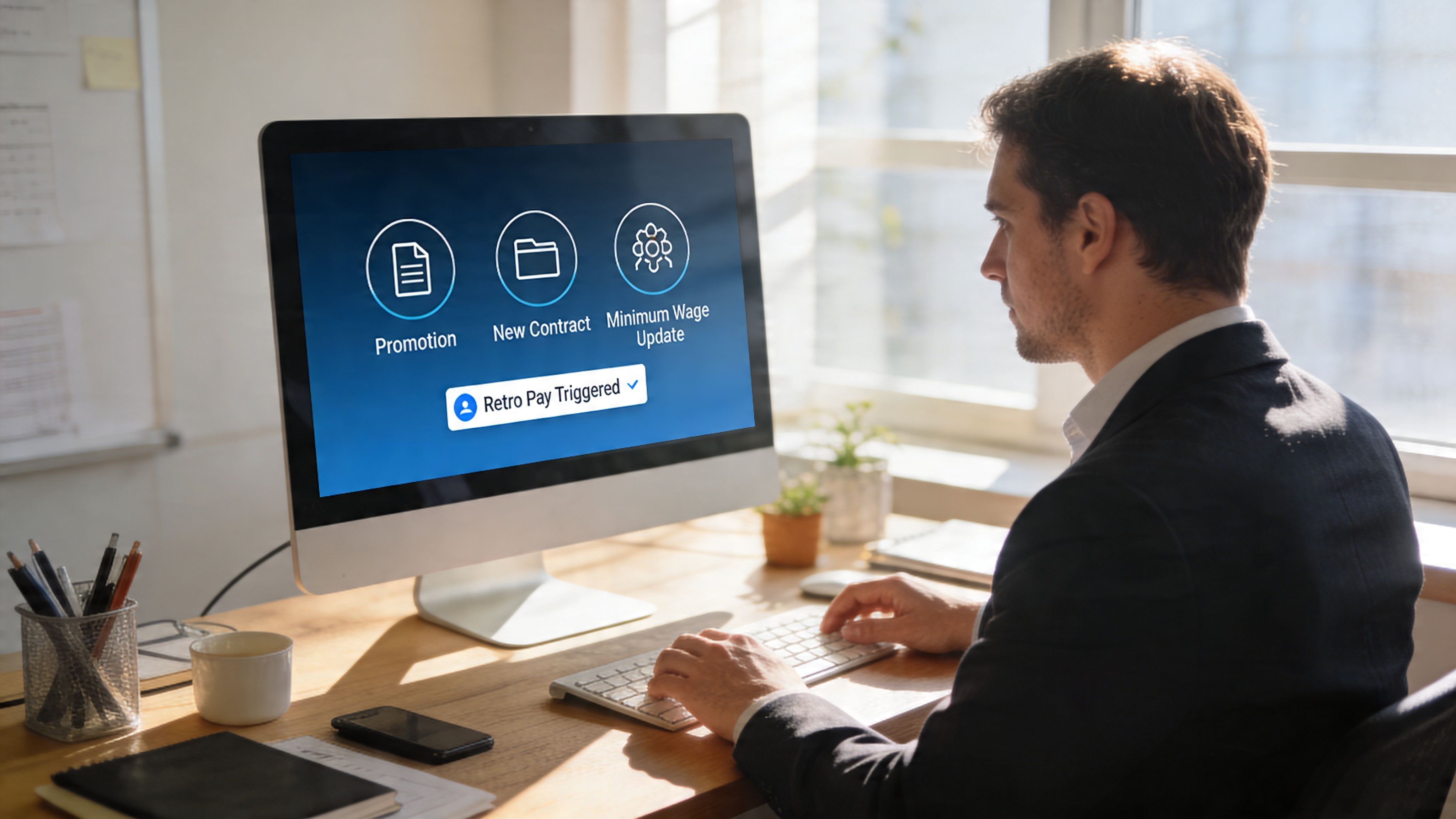 A professional man sitting at his desk working on a computer screen showing HR payroll updates.