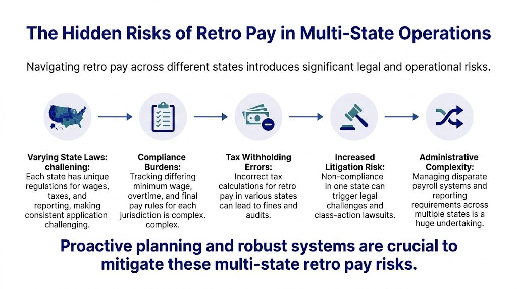 A diagram illustrating the legal and operational risks of managing retroactive pay across multiple US states.