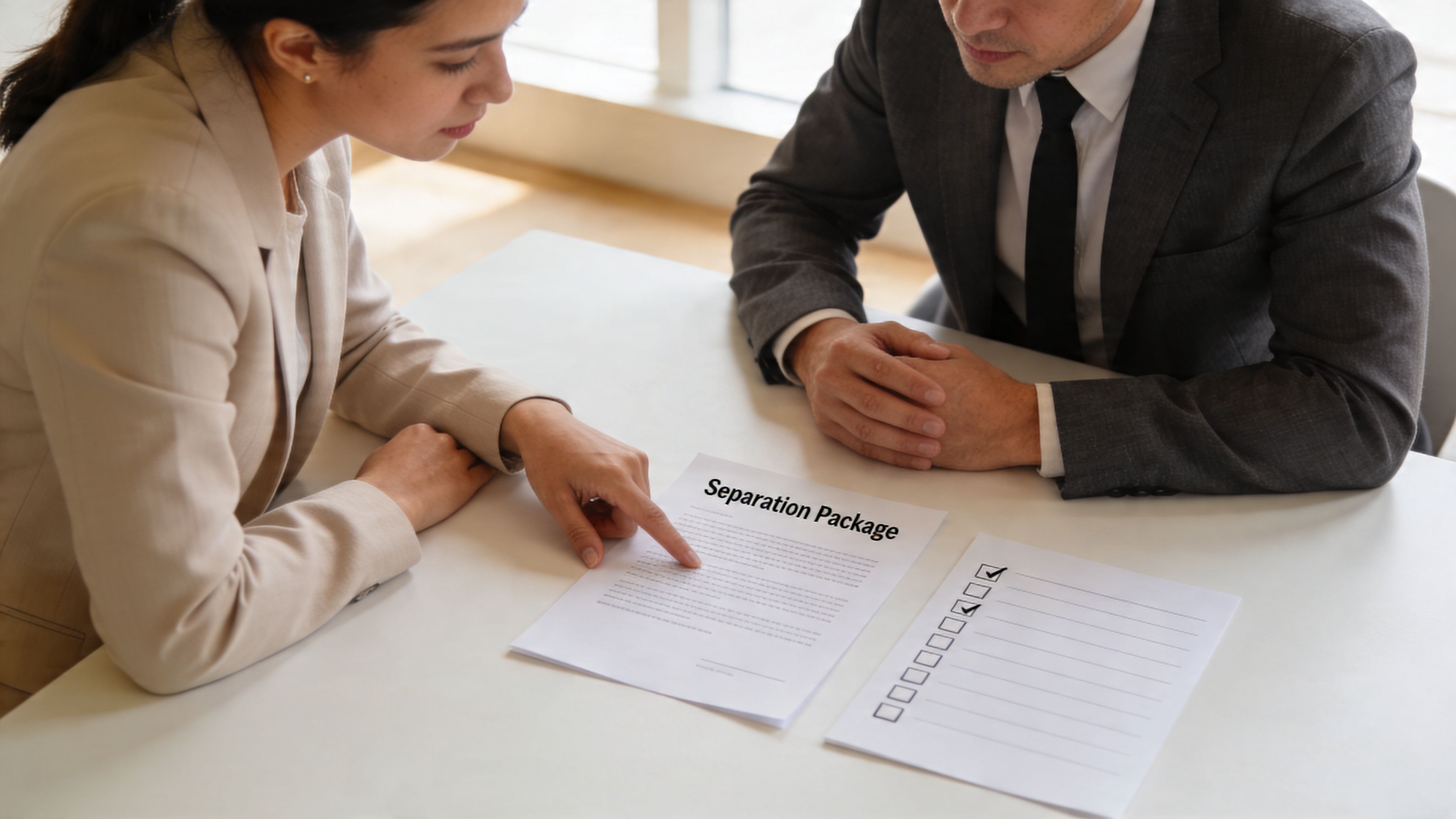 A businesswoman points at a separation package document during a formal meeting with a male colleague.