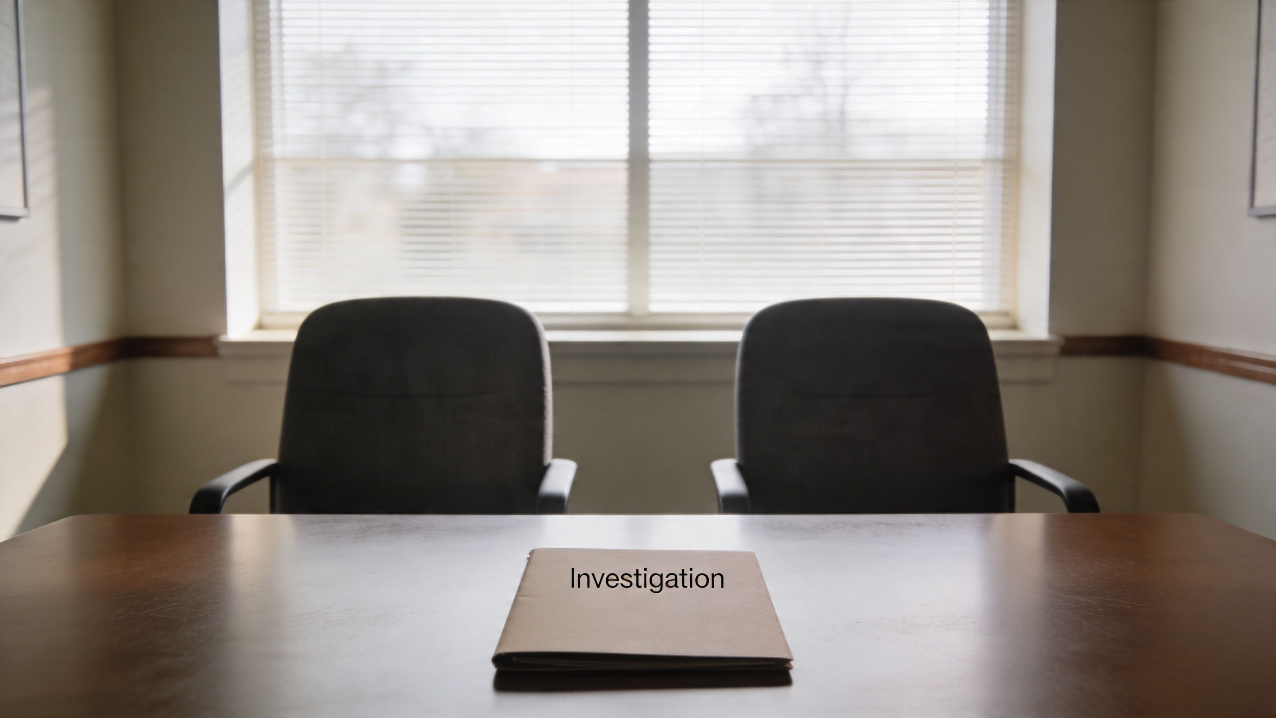 A professional investigation folder sitting on a conference room table in front of two empty office chairs.