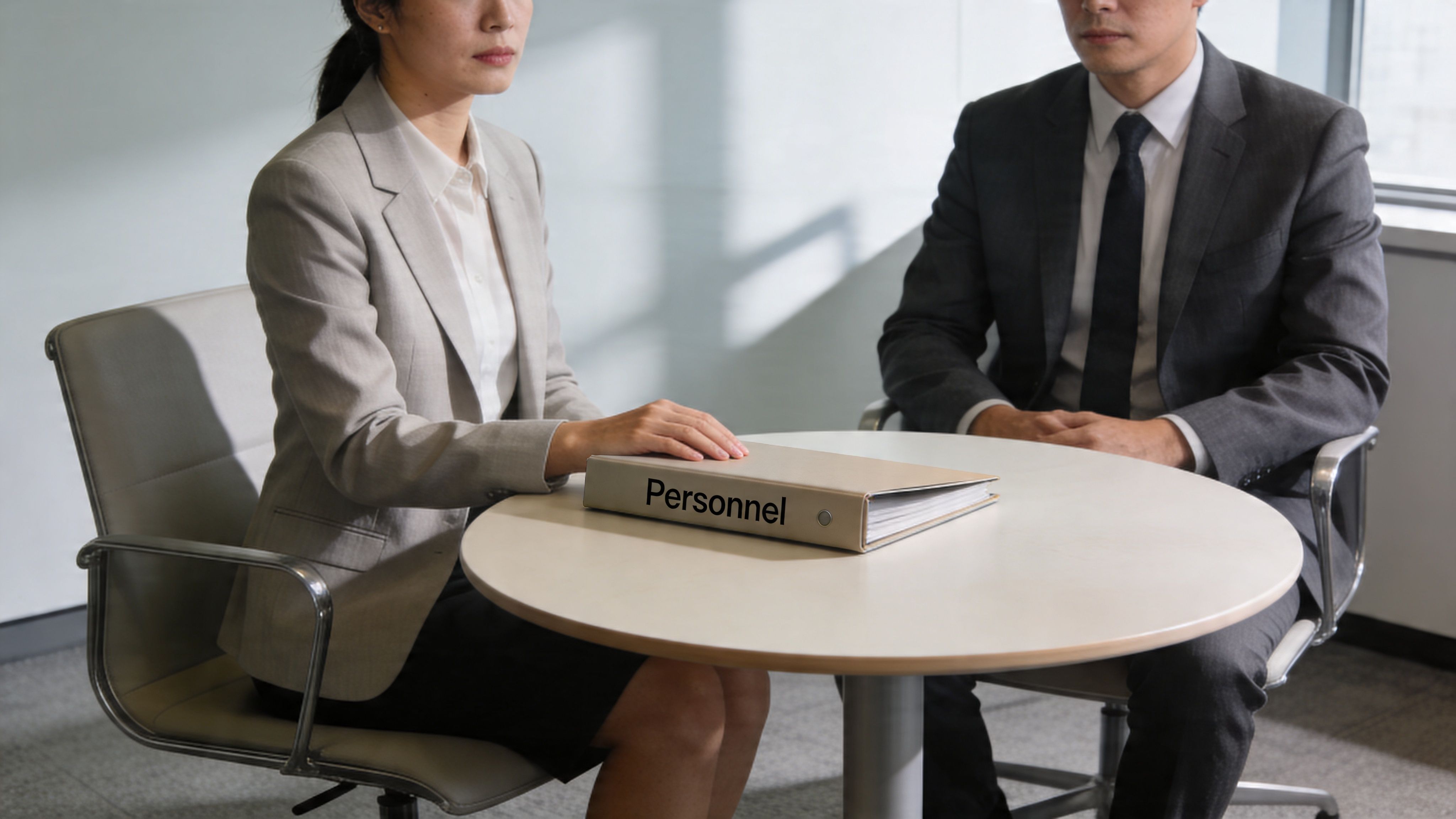 A professional woman in a suit sits across from an interviewer with a personnel binder on the table.