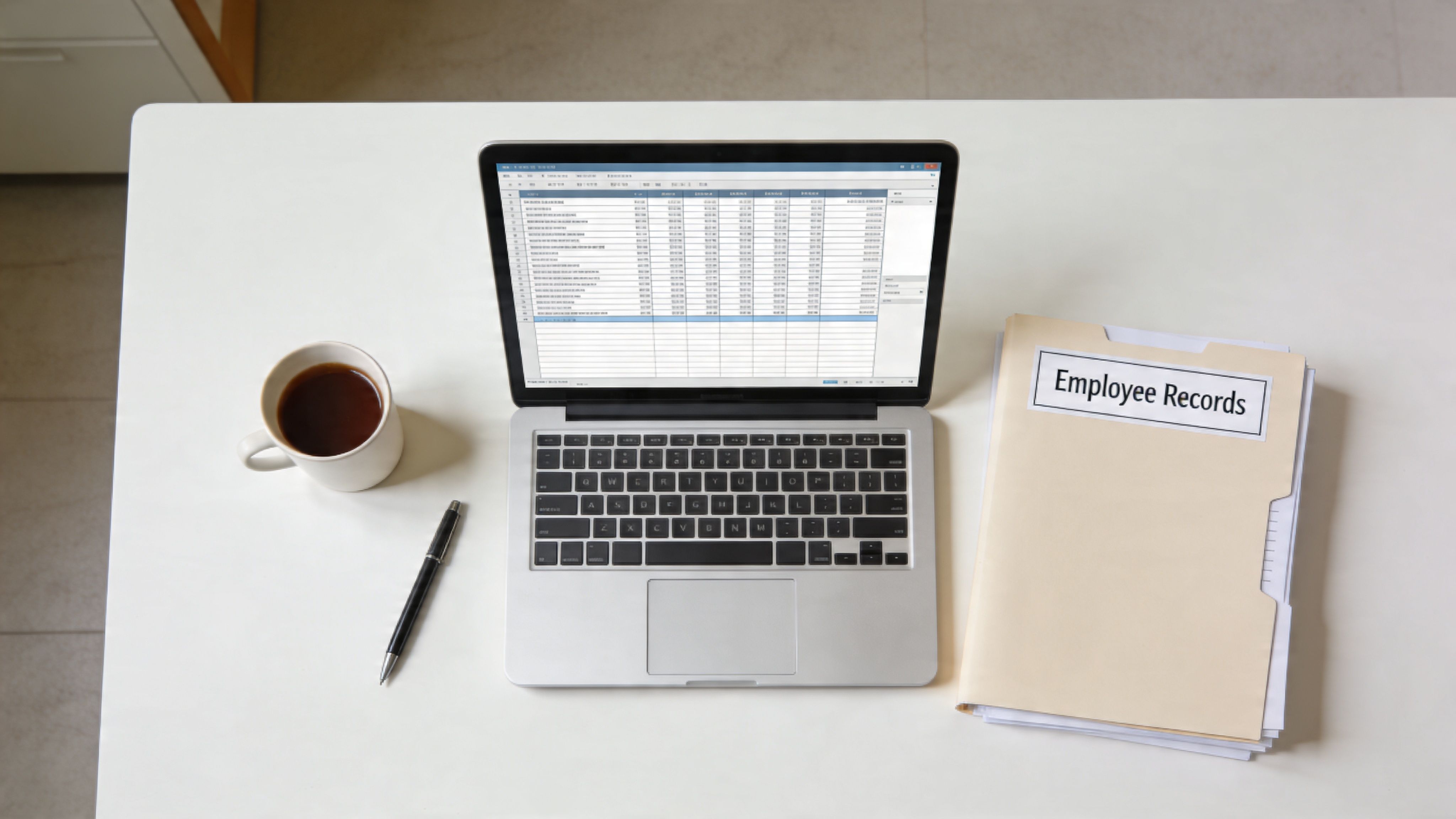 A top-down view of a desk featuring a laptop displaying a spreadsheet, a coffee cup, and employee files.
