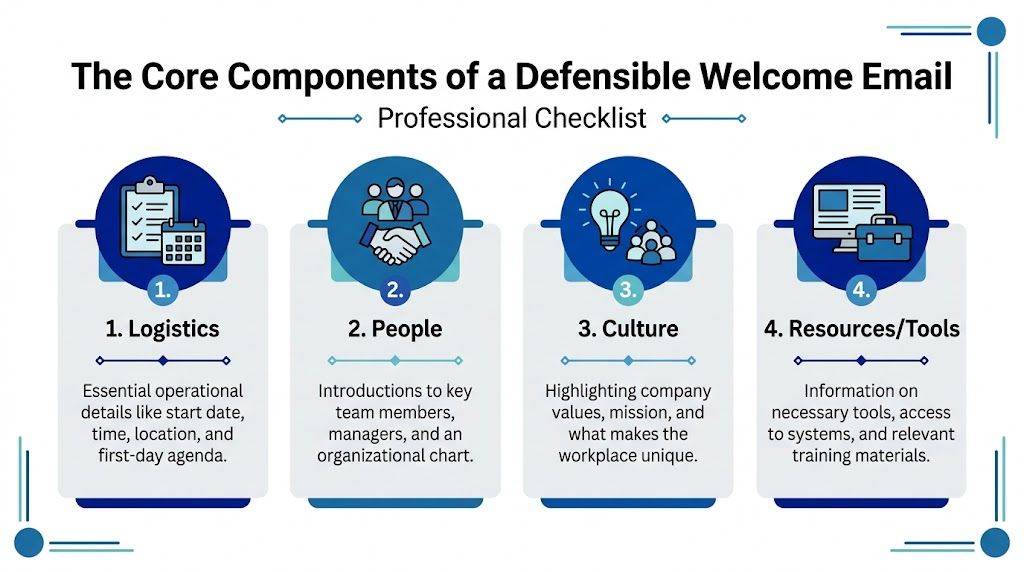 A professional checklist infographic detailing the four essential core components for a defensible new employee welcome email.