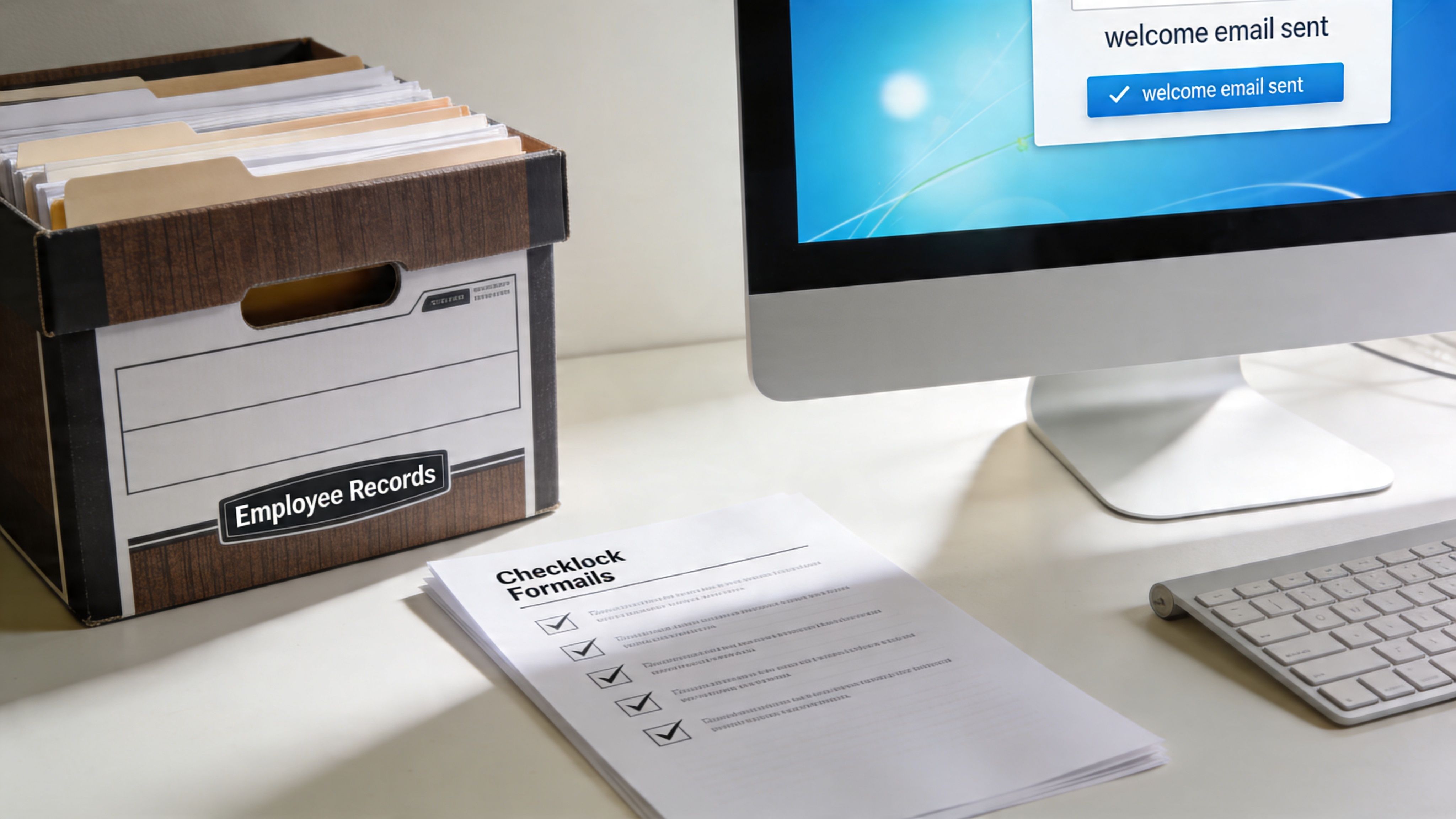 A professional office desk with an employee records box, a checklist, and a computer screen showing email.