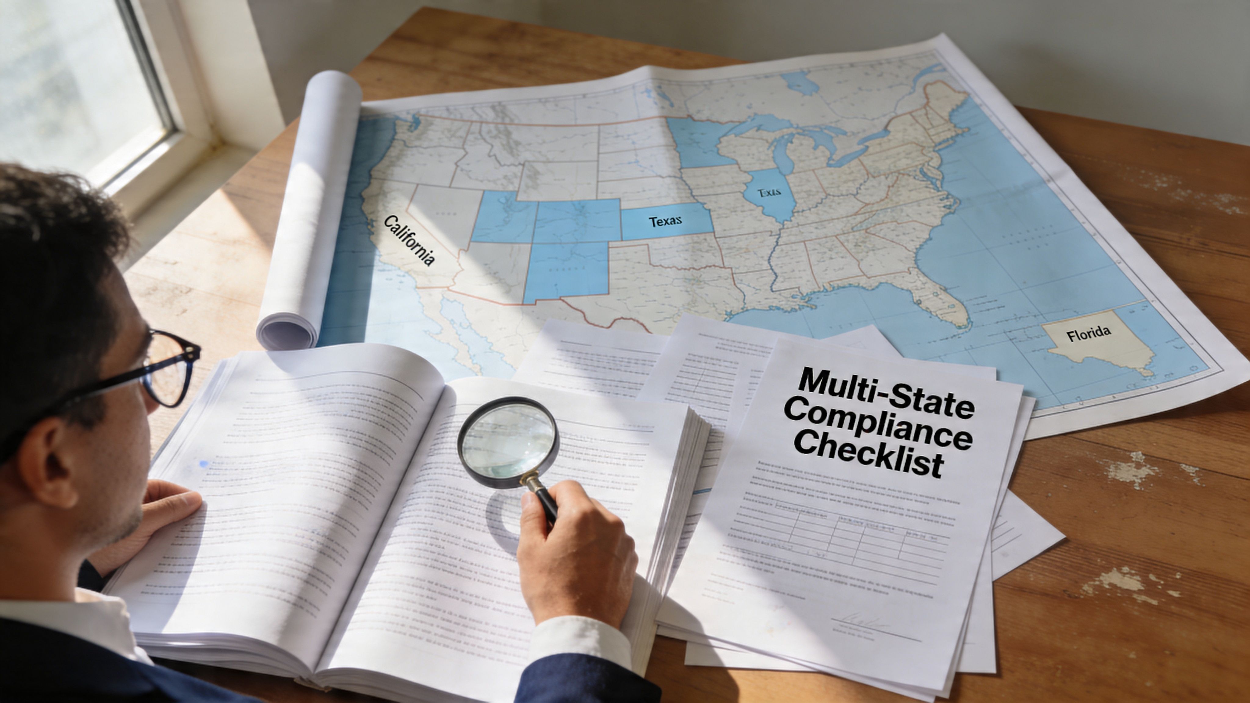 A professional analyzing a multi-state compliance checklist with a magnifying glass over an open book.