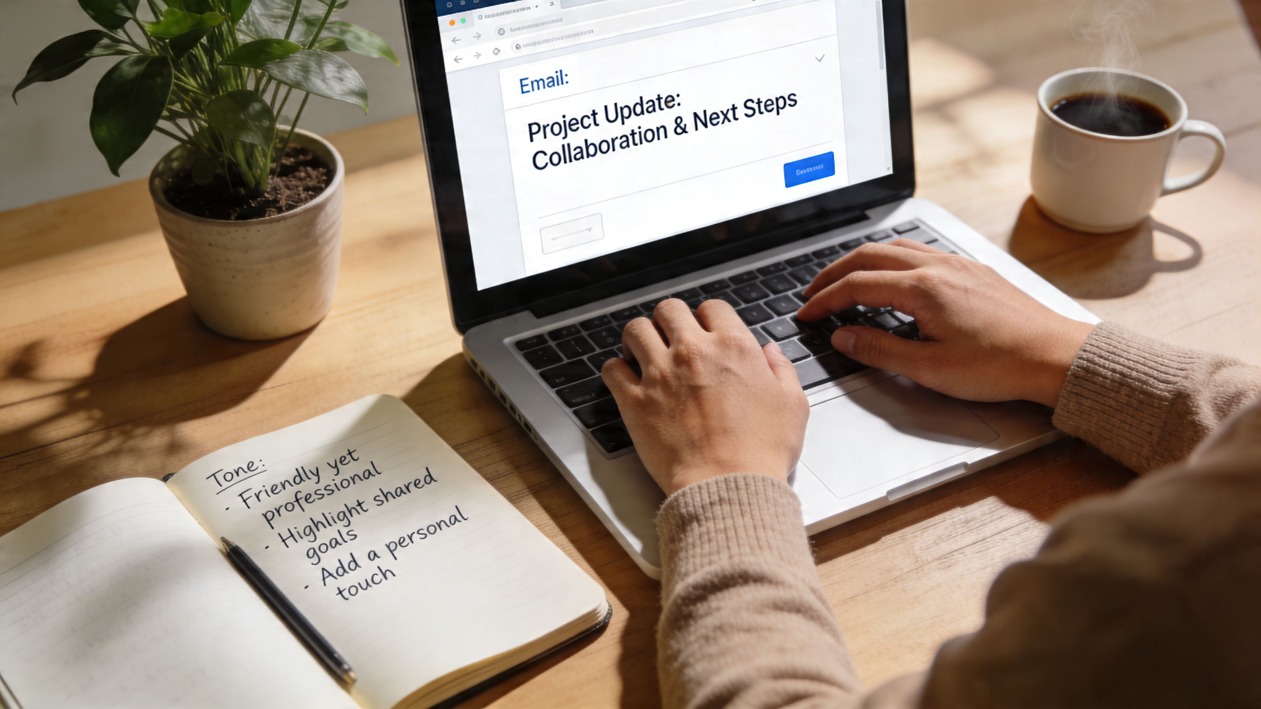 A person writing a professional project update email on a laptop next to a notebook and coffee.