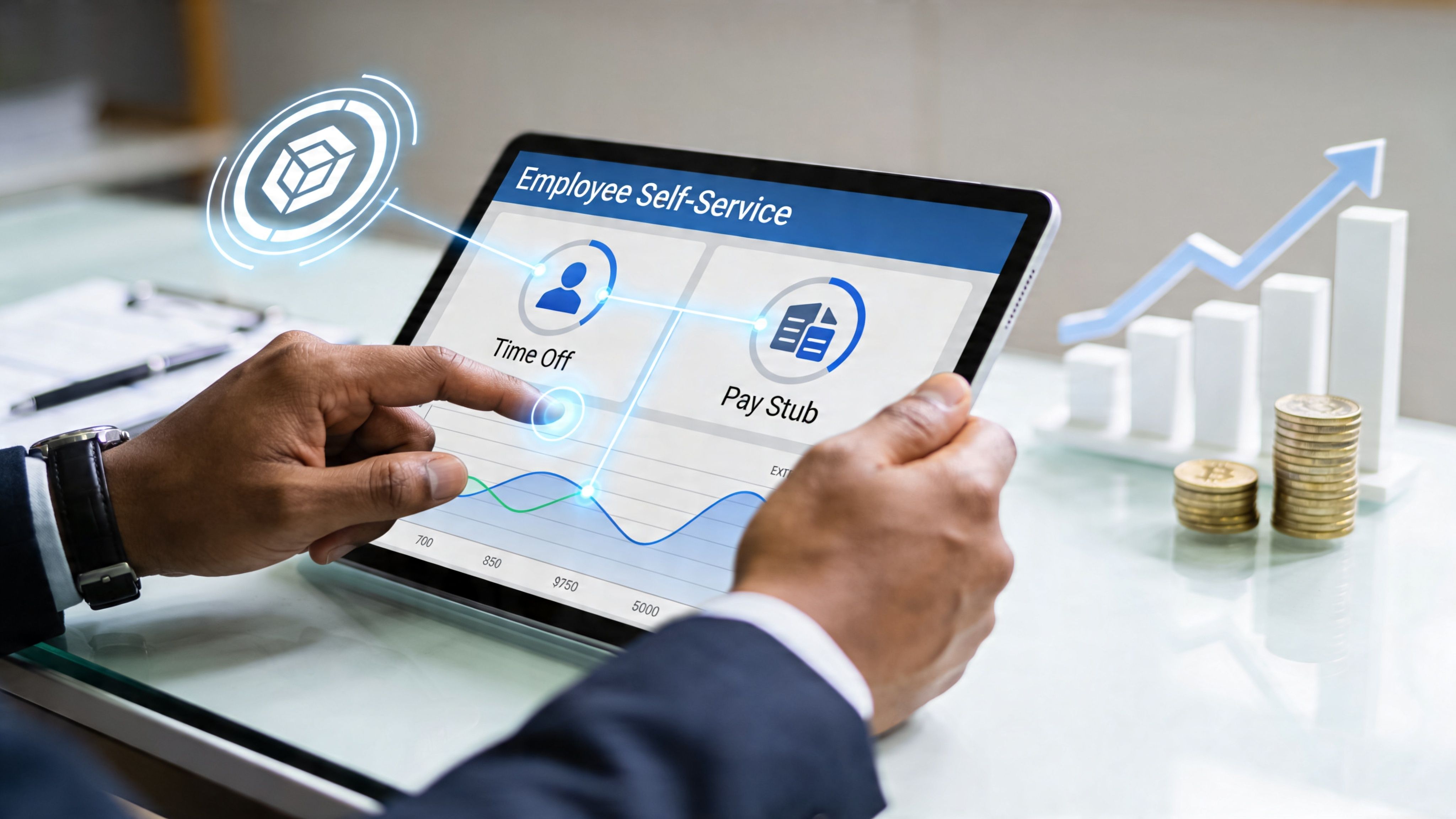 A professional using a tablet to access an employee self-service system for time off and pay stubs.